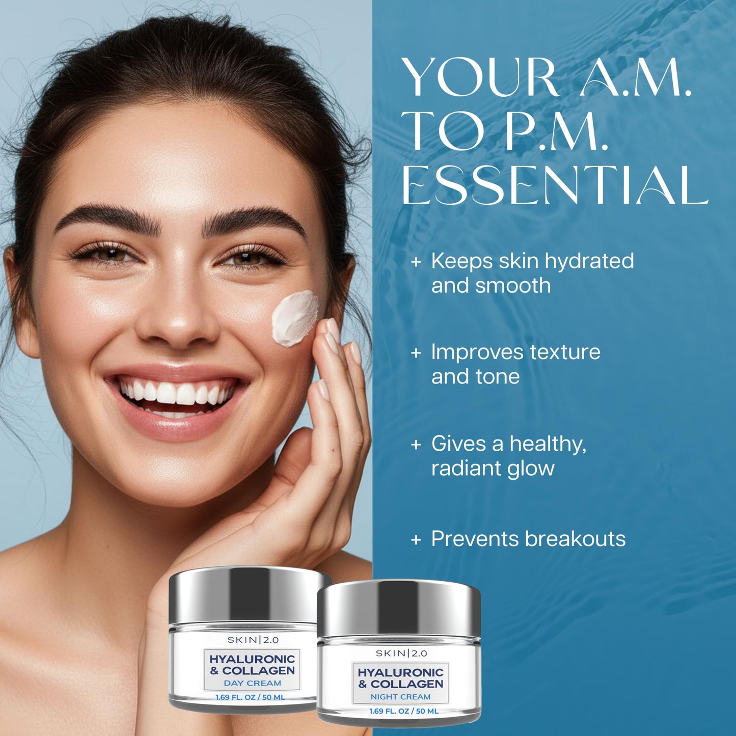 Skin 2.0 Hyaluronic Acid & Collagen Face Moisturizer - Deep Hydration & Firming Cream for Smooth, Youthful Look - Dermatologist Tested, Korean Skin