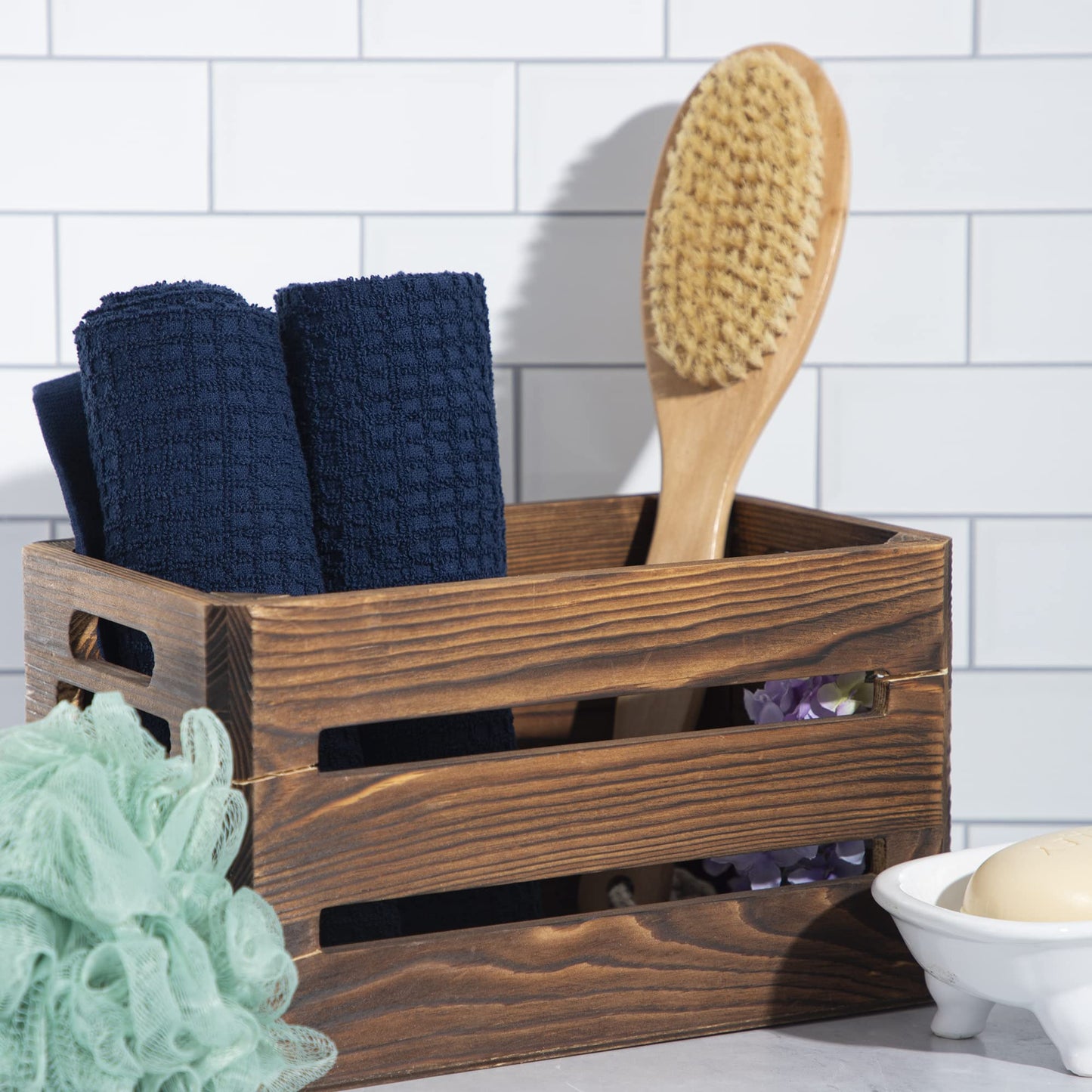 Rae Dunn Set of Hand Towels for Kitchen and Bathroom, 100% Cotton, Embroidered Dish Towels, Decorative Hand Towels, Navy- Wash/Dry, 2 Pack