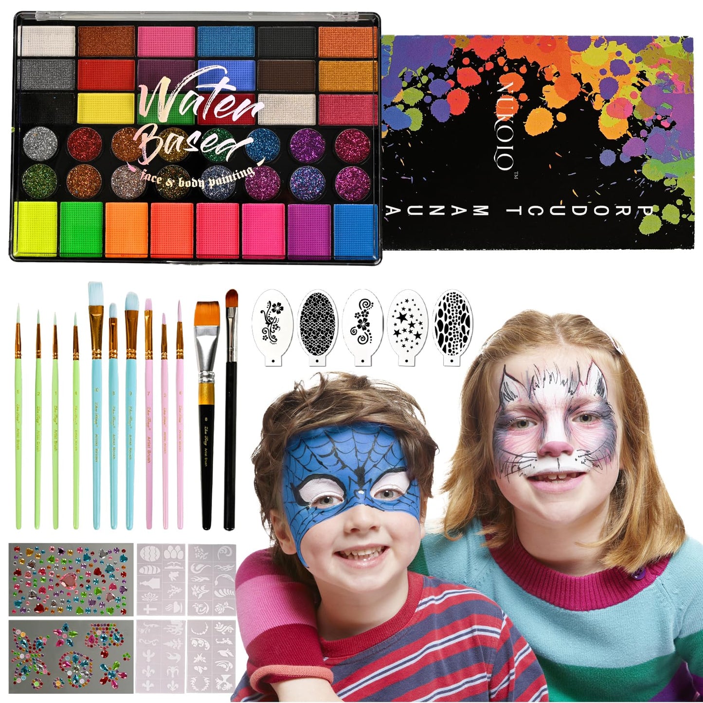 KNLDEFV 42 Color Kids Face Painting Kit, Non Toxic Water Activated Face Paint Palette with Stencils, Brush, Sparkle Gems. Perfect for Birthday