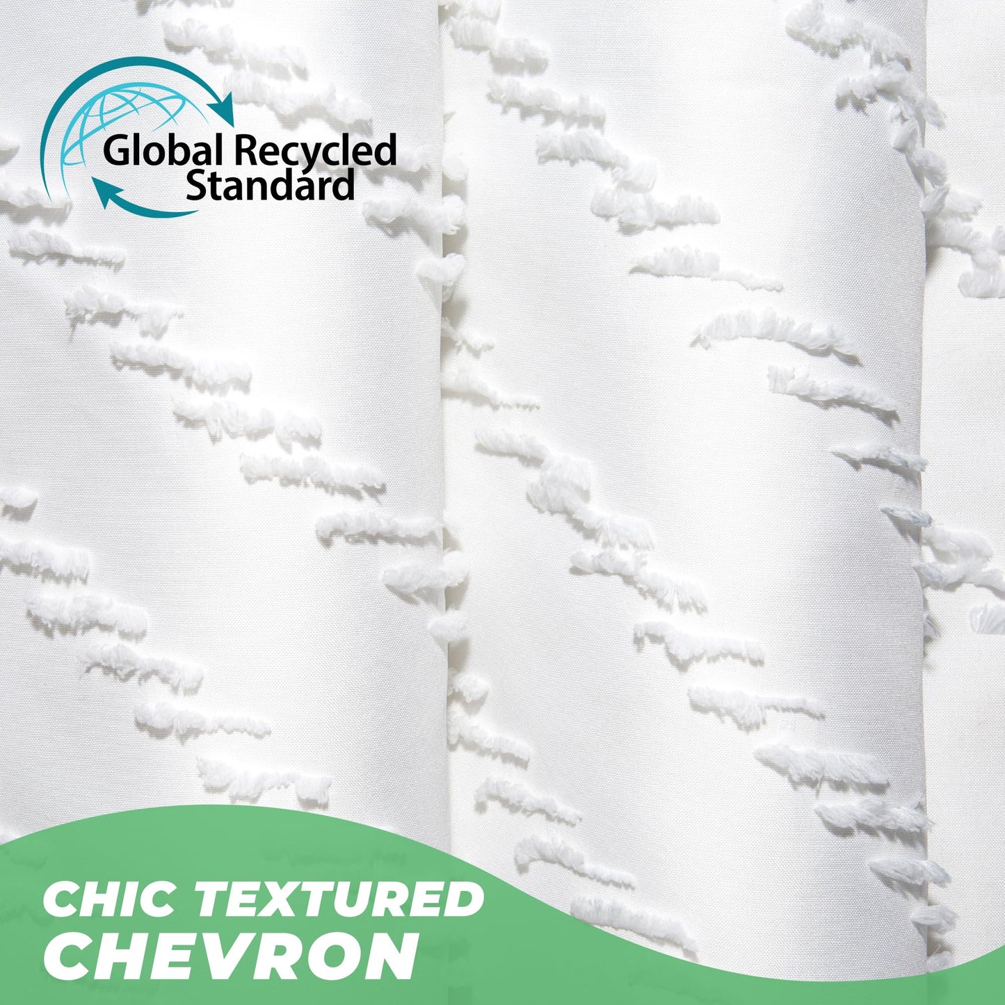 TURKIO White Boho Fabric Shower Curtain 72 x 72 Inches, Modern Shabby Chic Textured Tufted Chevron Striped Minimalist Cloth Bathroom Shower Curtain