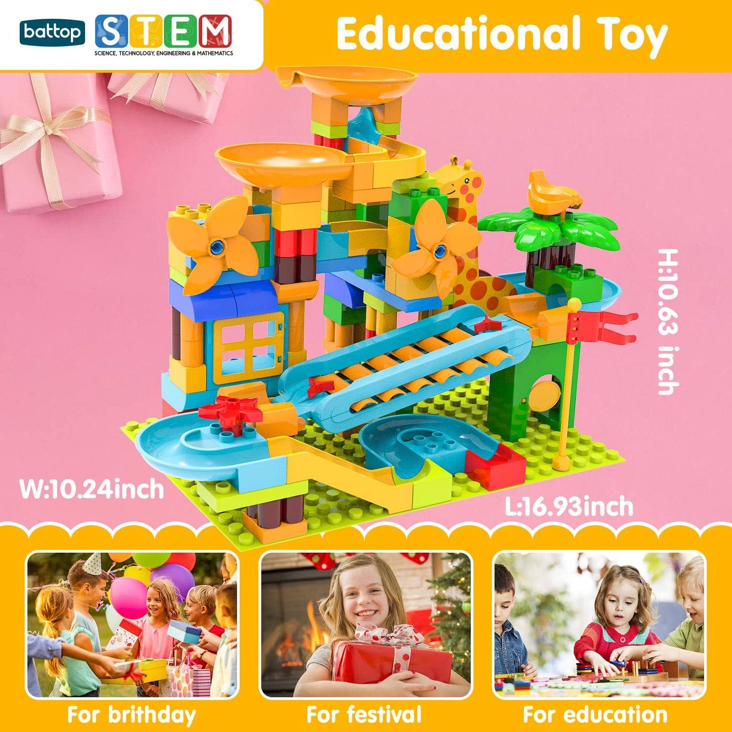 BATTOP Marble Run 167pcs Big Block Set – STEM Race Track Building Toy with 4 Balls for Kids Ages 4-8, Fun Christmas Gift for Boys & Girls