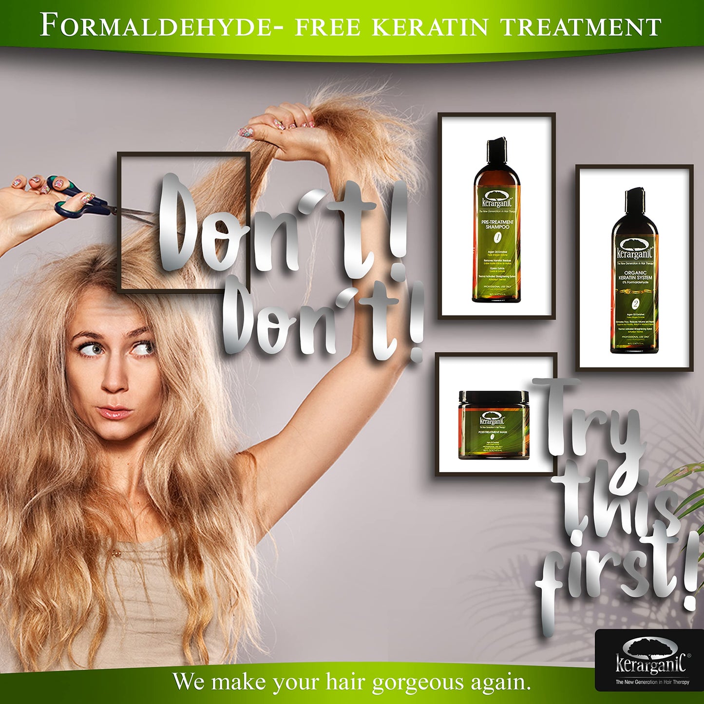 KERARGANIC Formaldehyde-Free Organic Keratin Treatment Set (32 oz/946 ml) - Natural Ingredients, Eliminate Frizz, Reduce Volume, Repair Damaged Hair
