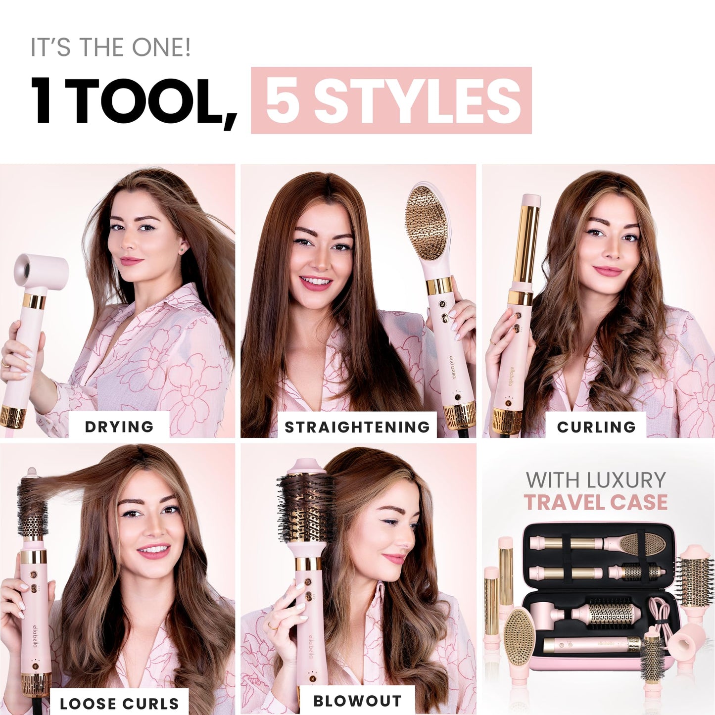 ELLA BELLA® 6 in 1 Professional Hot Air Styler • Powerful Hair Dryer & Straightener Set • Styling Without Heat Damage • Fast Drying Curling Volumizing Beauty and Personal Care ELLA BELLA