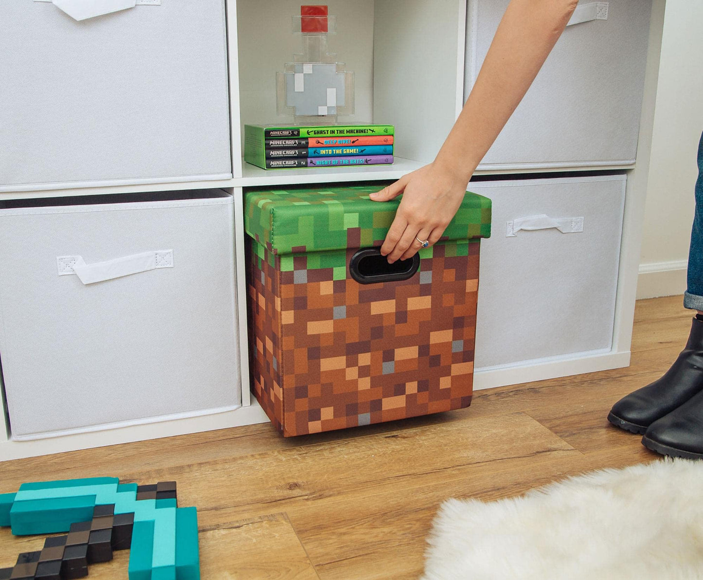 MINECRAFT Grassy Block 13-Inch Storage Bin Chest with Lid | Foldable Fabric Basket Container, Cube Organizer with Handles, Cubby for Shelves, Closet…