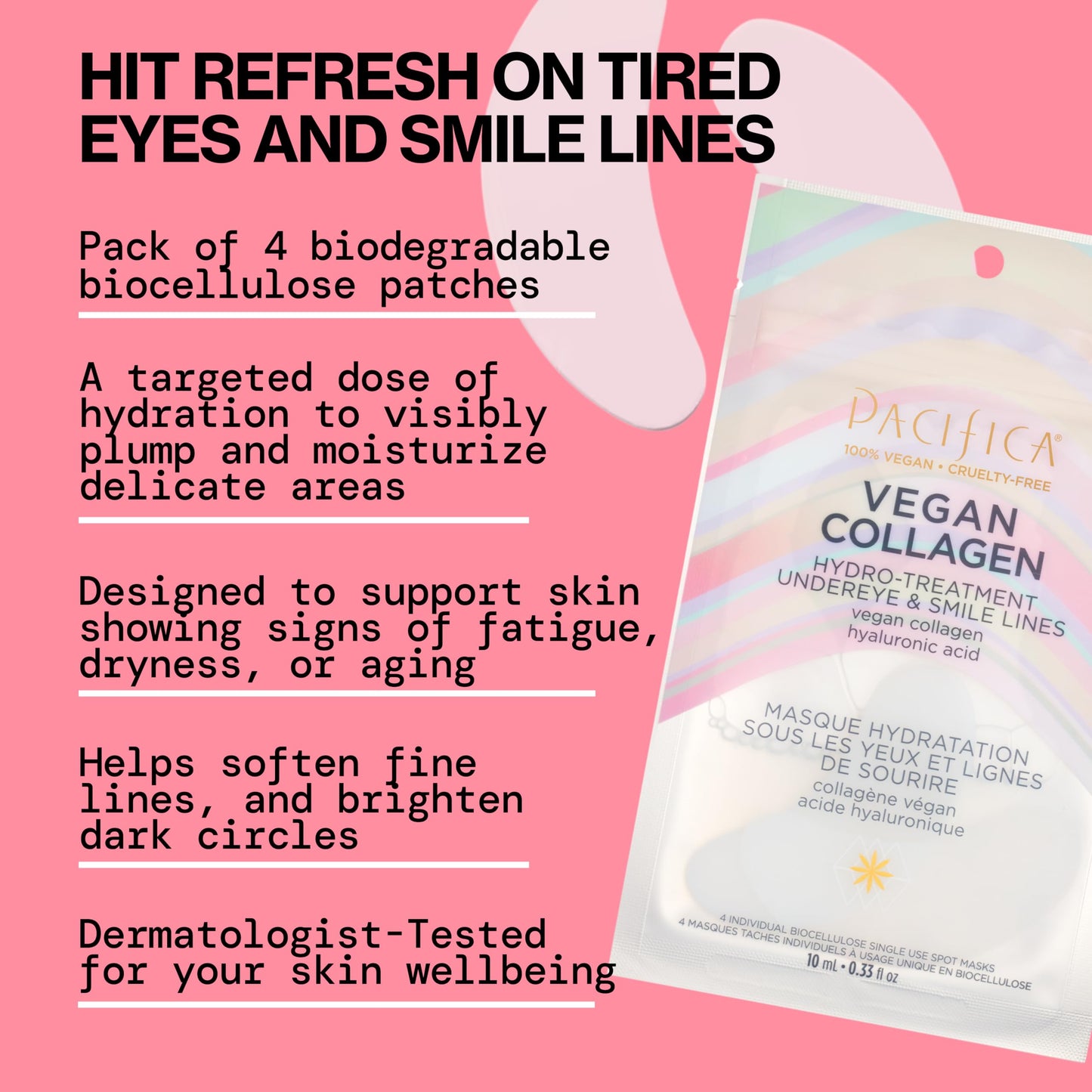 Pacifica Vegan Collagen Undereye & Smile Line Patches - Hydrating Hydro-Treatment Mask for Fine Lines & Wrinkles, Plumping Under Eye & Laugh Line Gel