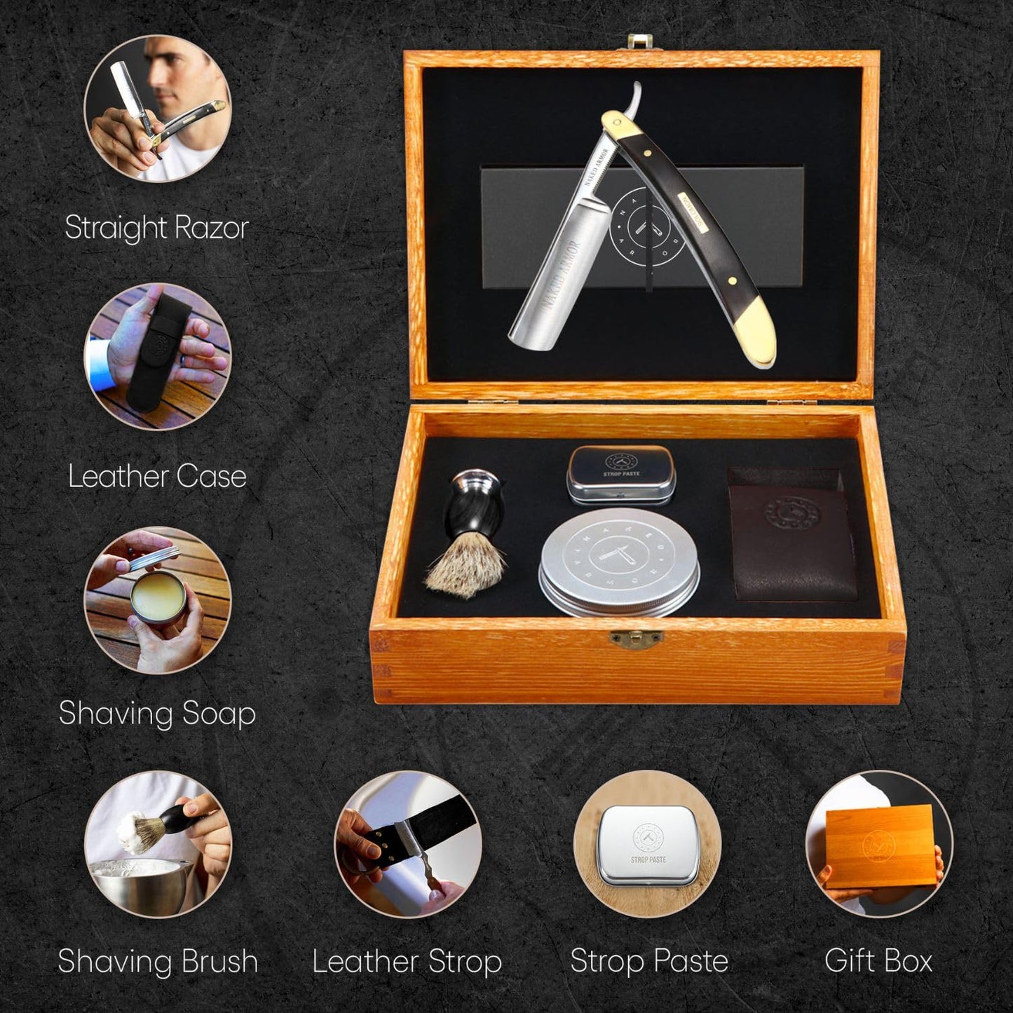 Naked Armor Straight Razor Kit - Solomon Japanese Carbon Steel Blade, Complete Straight Razor Shaving Kit for Men, Shave-Ready, Strop, Brush, Soap Beauty and Personal Care Naked Armor