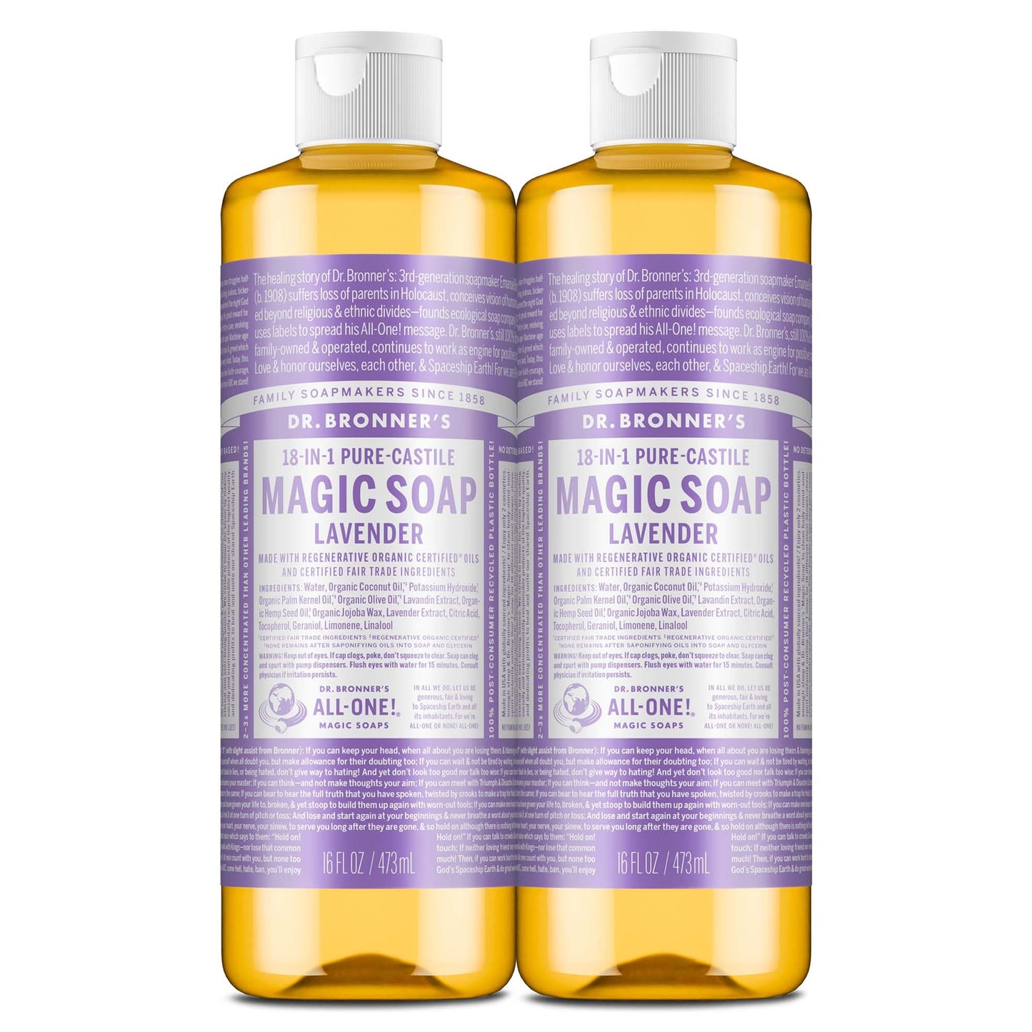 Dr. Bronner's Pure-Castile Magic Liquid Soap (Lavender, 16 Ounce, 2-Pack)- Made with Regenerative Organic Certified Oils, 18-in1 Uses: Face, Hair
