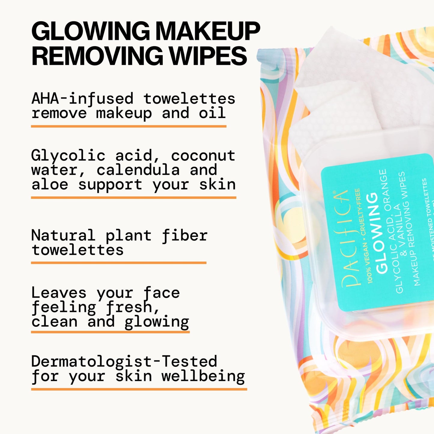 Pacifica Vegan Face Cleansing Wipes, Makeup Remover Wipes w/Glycolic Acid, Aloe Vera & Coconut Water Exfoliating & Hydrating Facial Towelettes for All Beauty and Personal Care Pacifica