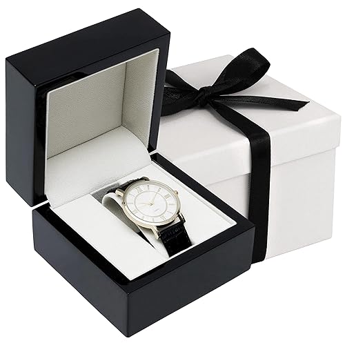 Noble Piano Wood Watch Gift Box - Luxury Single Watch Box - Comes with a Two Piece Packer and Ribbon (Black)