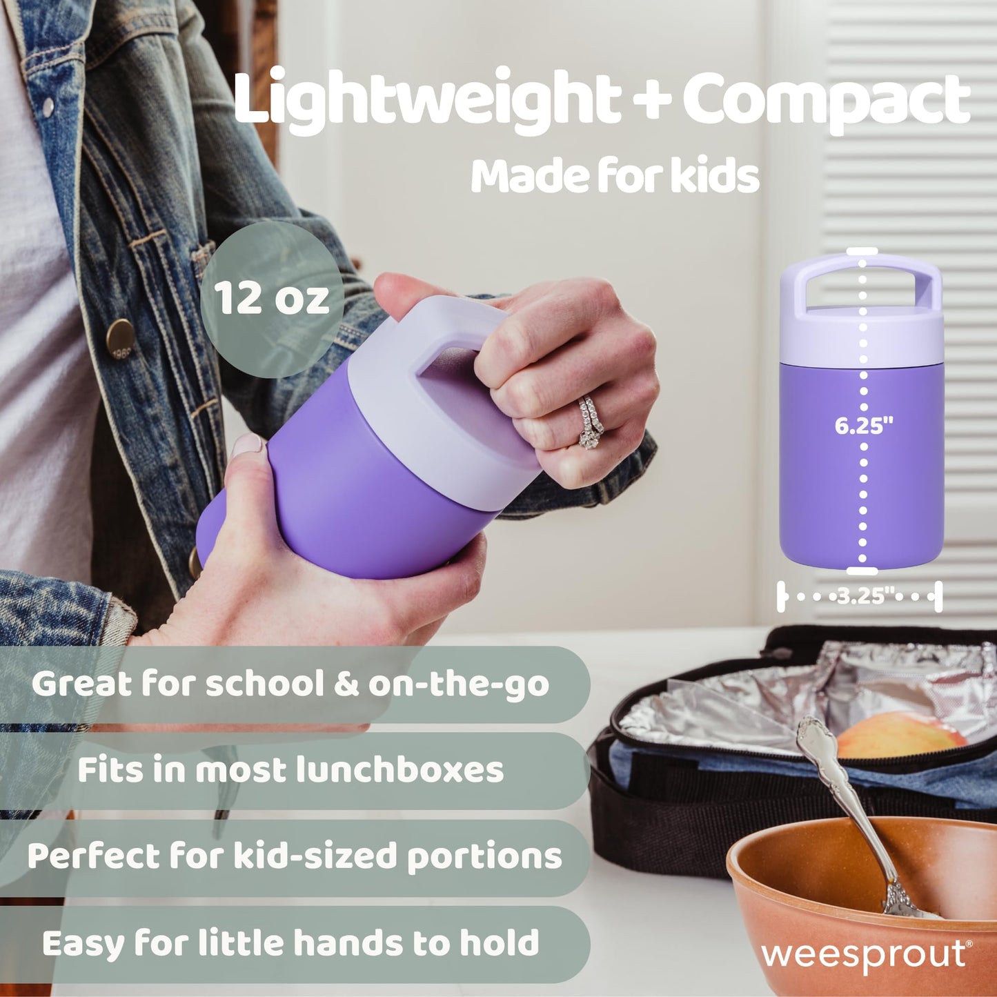 WeeSprout Insulated Stainless Steel Lunch Thermos, Soup Bottle for Hot & Cold Foods, 12 oz Jar for Children, Kid-Friendly Handle, Leakproof…