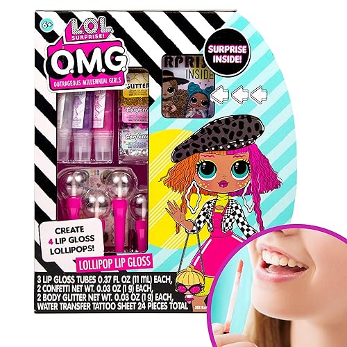 L.O.L. Surprise! O.M.G. Lollipop Lip Gloss by Horizon Group USA, Create 4 LOL Surprise Lip Glosses, Includes 4 Lip Gloss Containers, 3 Fun Flavors