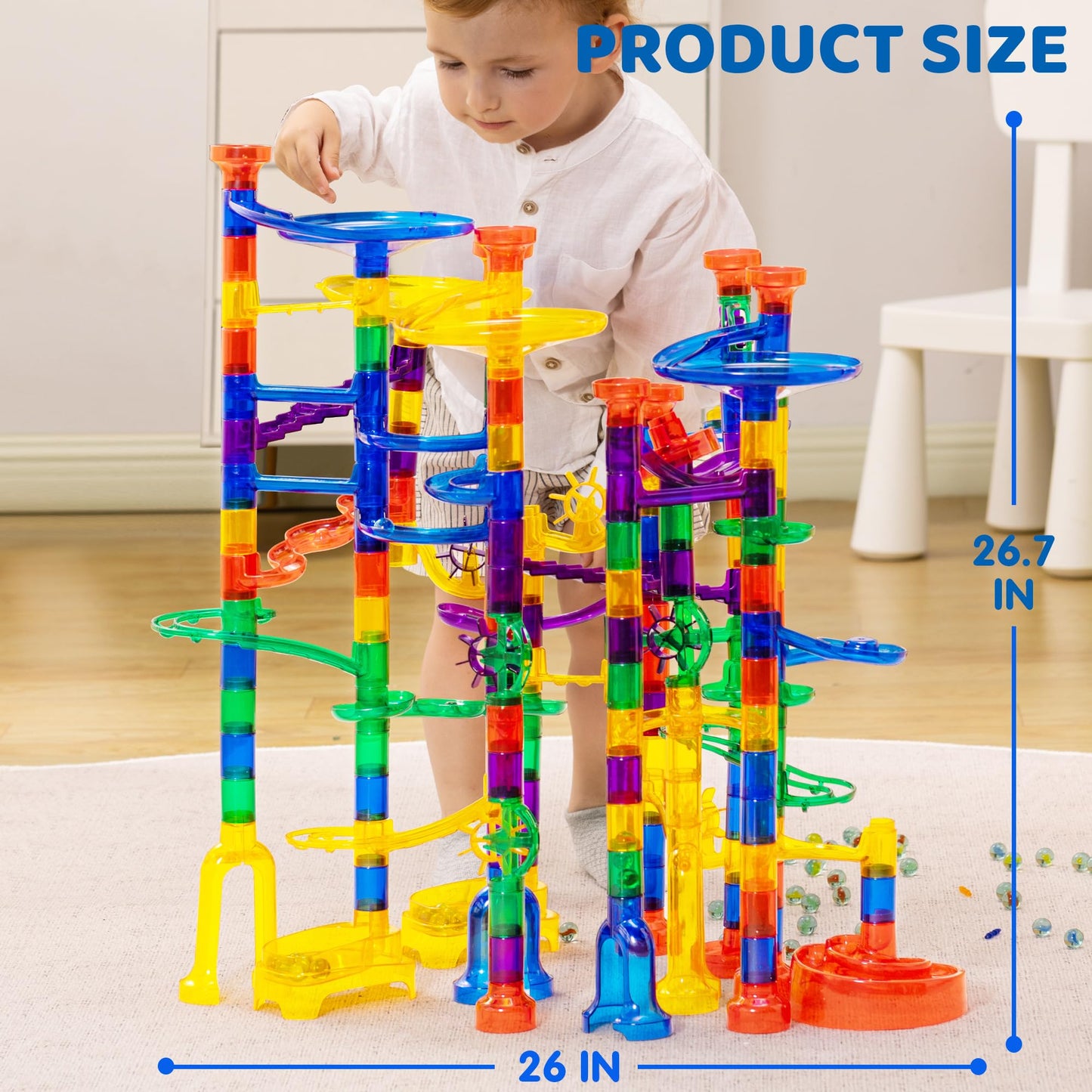 JOYIN 207pcs Glowing Marble Run – STEM Building Blocks Toy with 5 Glow-in-the-Dark Glass Marbles, Educational Construction Set for Kids