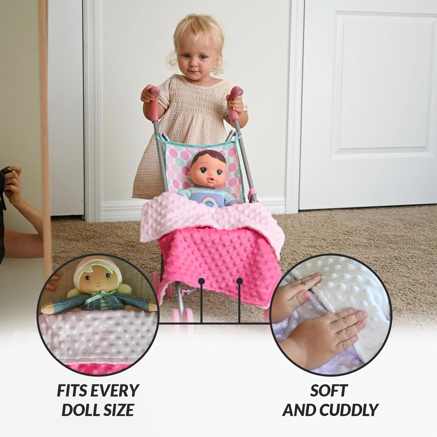 Baby Doll Blanket Set for 18 Inch, 15 Inch, and 12 Inch Dolls. Includes 2 Miniature, Plush, and Reversible 17" Baby Doll Blankets for Pretend Play.