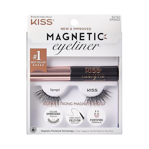 KISS Magnetic False Eyelashes and Eyeliner, ‘Tempt’, 14mm, Easy to Apply, Reusable, No Glue, Flexiband Technology, Precision Felt Tip, Fortified