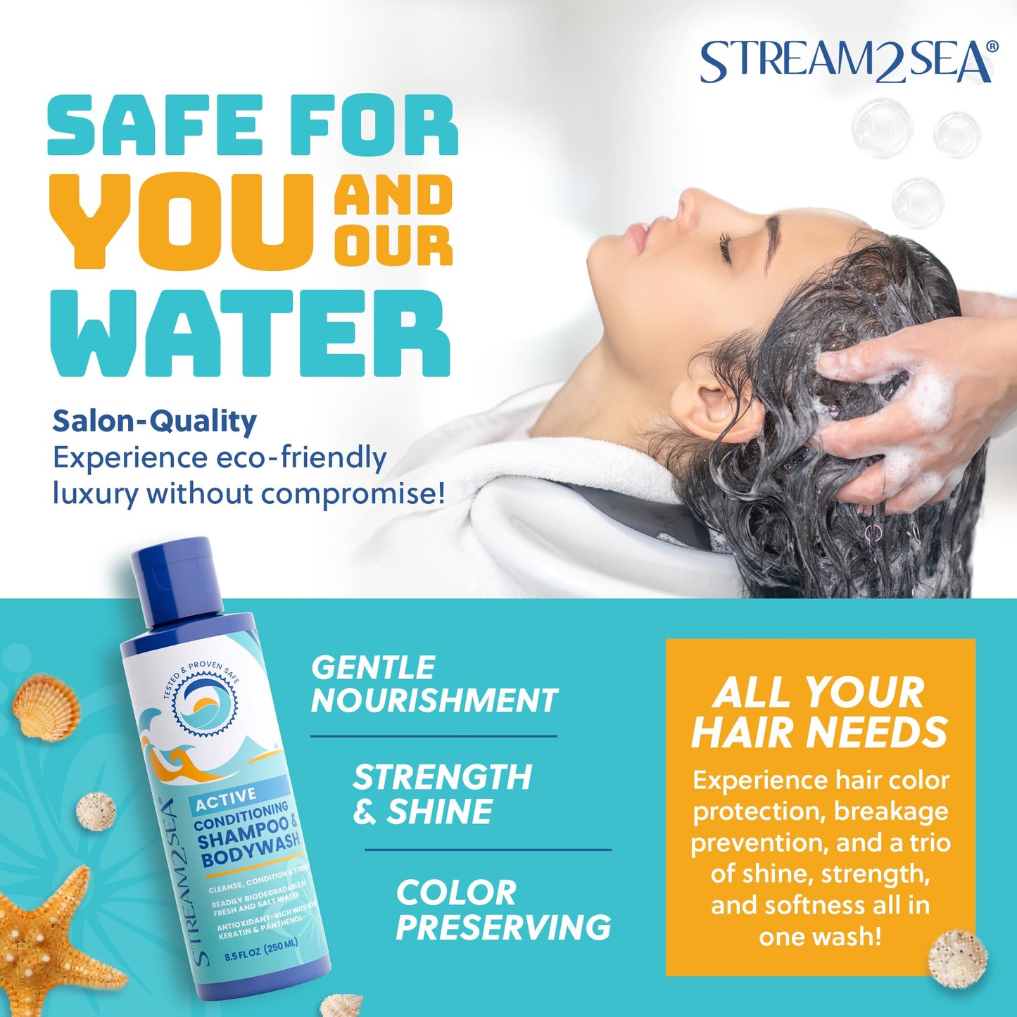 STREAM 2 SEA Shampoo and Conditioner, Body Wash 3 in 1 for Swim, Reef Safe Swimmers Shampoo for Men, Women & Kids, All Natural Organic Biodegradable