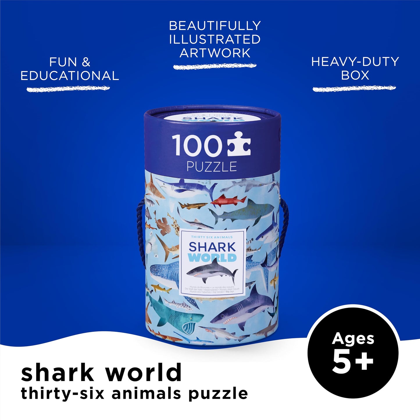 Crocodile Creek 100-Piece Shark Jigsaw Puzzle – Fun & Educational Floor or Table Puzzle for Kids Ages 5+, Includes Storage Canister with Handle, 14"x19"