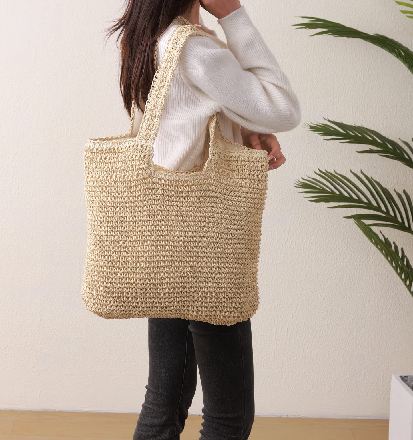 GOLDTIMO Beach Bags for Women - Summer Soft Large Woven Shoulder Purse Handbag, Beach Tote Straw Bag for Summer Vacation, Beige