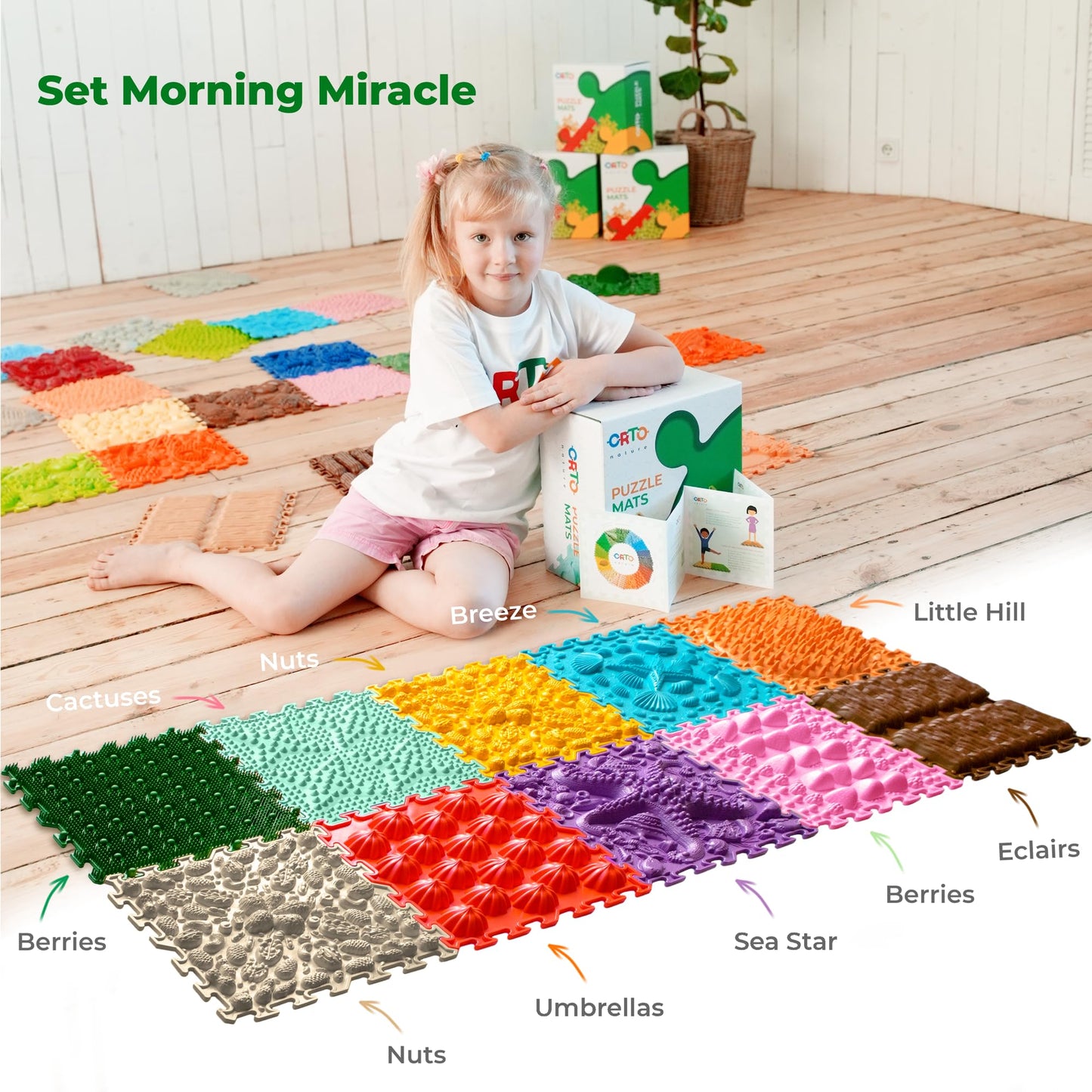 ORTO NATURE Massage Puzzle Floor Mats – Orthopedic Sensory Play Mat for Kids, Interlocking Tiles, Children’s Game Mat Set (Morning Miracle)