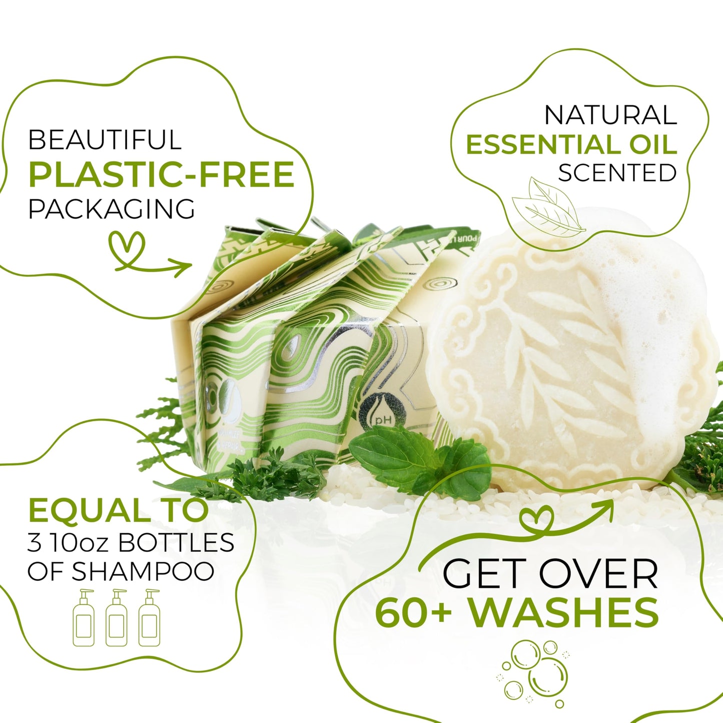 Viori Tea Tree Mint Essential Oil Shampoo Bar Made with Rice Water - Handcrafted All Natural Shampoo Bars - Sulfate Free