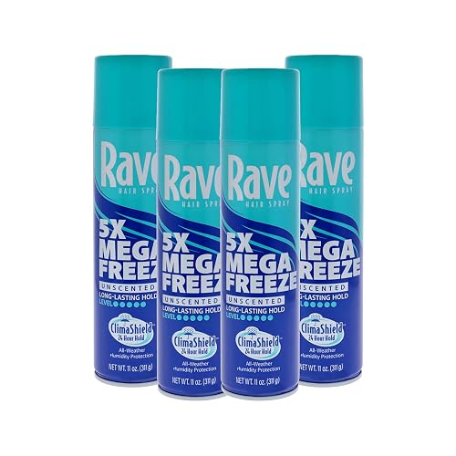 Rave 5X Mega Freeze Unscented Aerosol Hairspray by Rave - Heat Protection, Long Lasting Firm Hold - Minimizes Frizz and Static - 4 pc