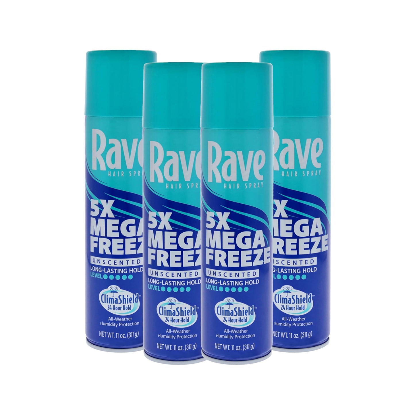 Rave 5X Mega Freeze Unscented Aerosol Hairspray by Rave - Heat Protection, Long Lasting Firm Hold - Minimizes Frizz and Static - 4 pc