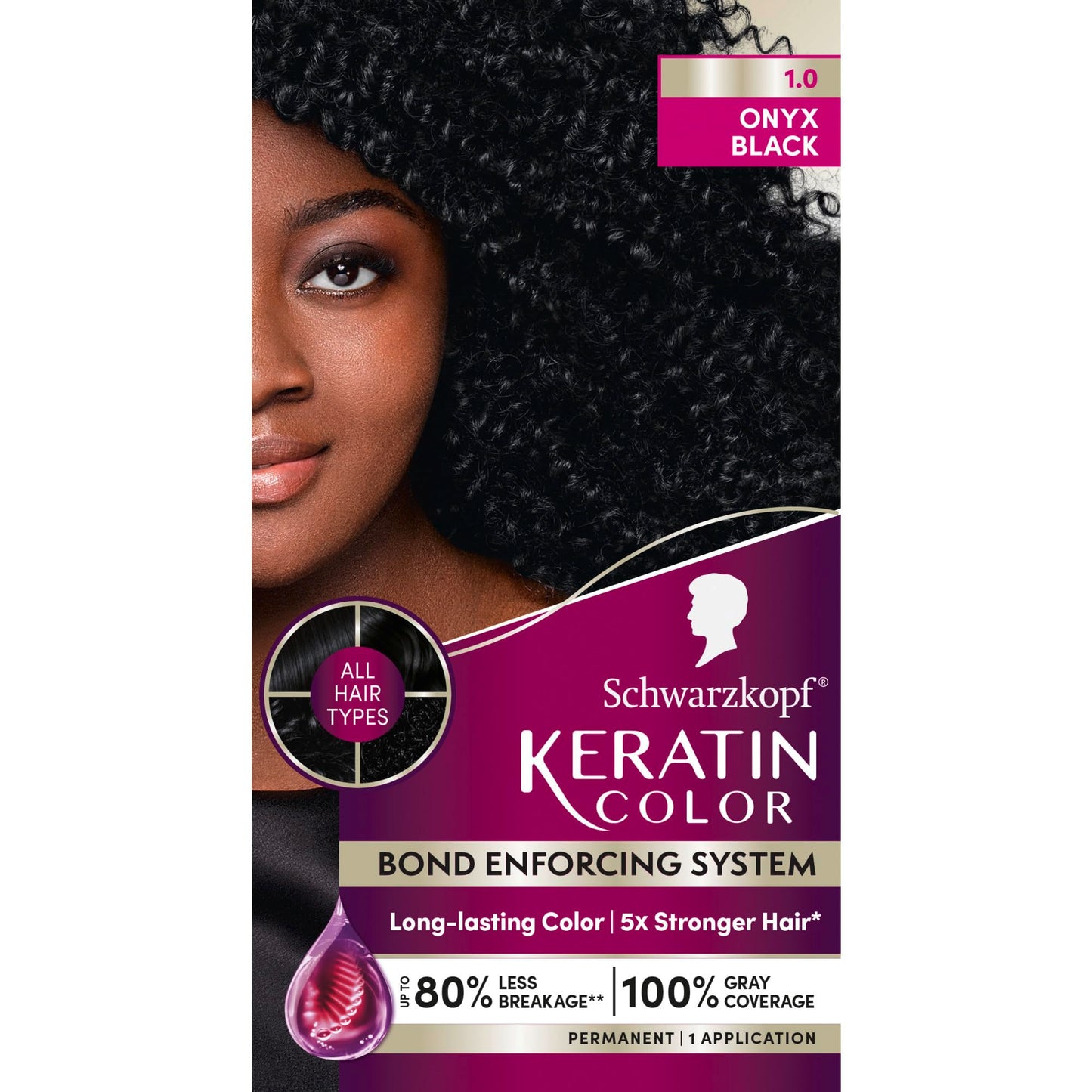Schwarzkopf Keratin Permanent Hair Dye Cream, 1.0 Black Onyx, Professional Quality Color for Up to 100% Gray Coverage, Bond Enforcing System