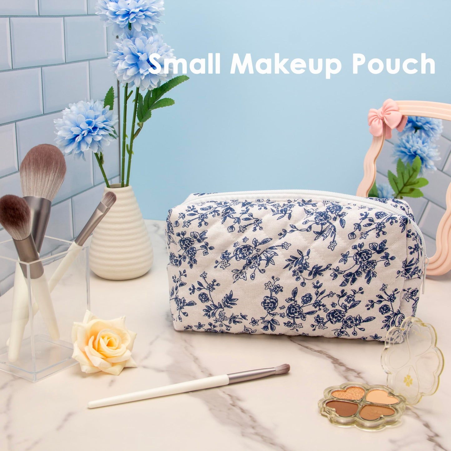 PAZIMIIK Small Quilted Makeup Bag,Zipper Cosmetic Pouch,Jouy Blue Beauty and Personal Care PAZIMIIK