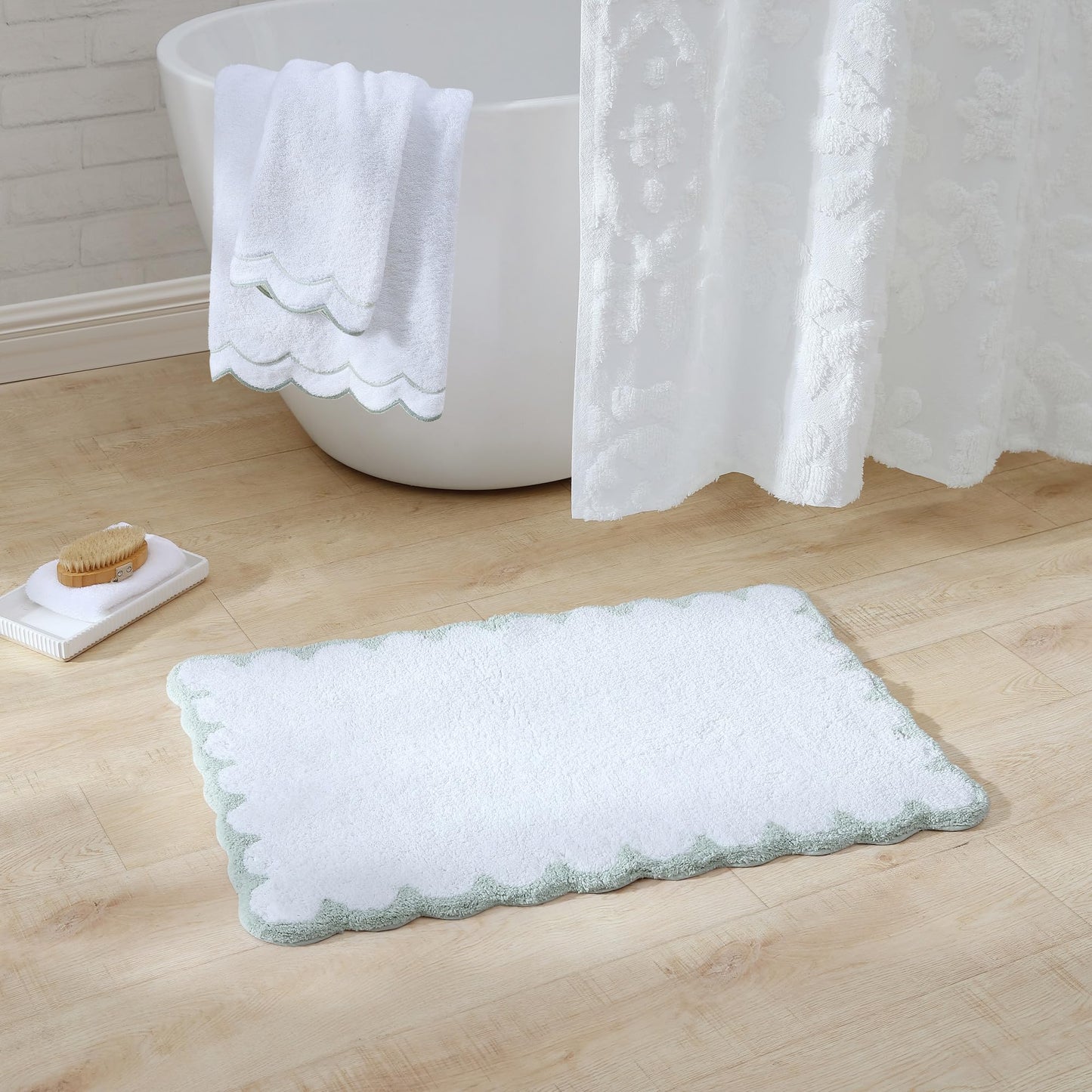 Peri Home Scalloped Bath Rug - Soft & Absorbent 100% Cotton Tufted Bath Mat, 20" x 30", White with Sage Scallop