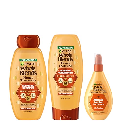 Garnier Whole Blends Honey Treasures Repairing Shampoo, Conditioner + Miracle Nectar Leave-In Set for Dry, Damaged Hair (3 Items), 1 Kit (Packaging