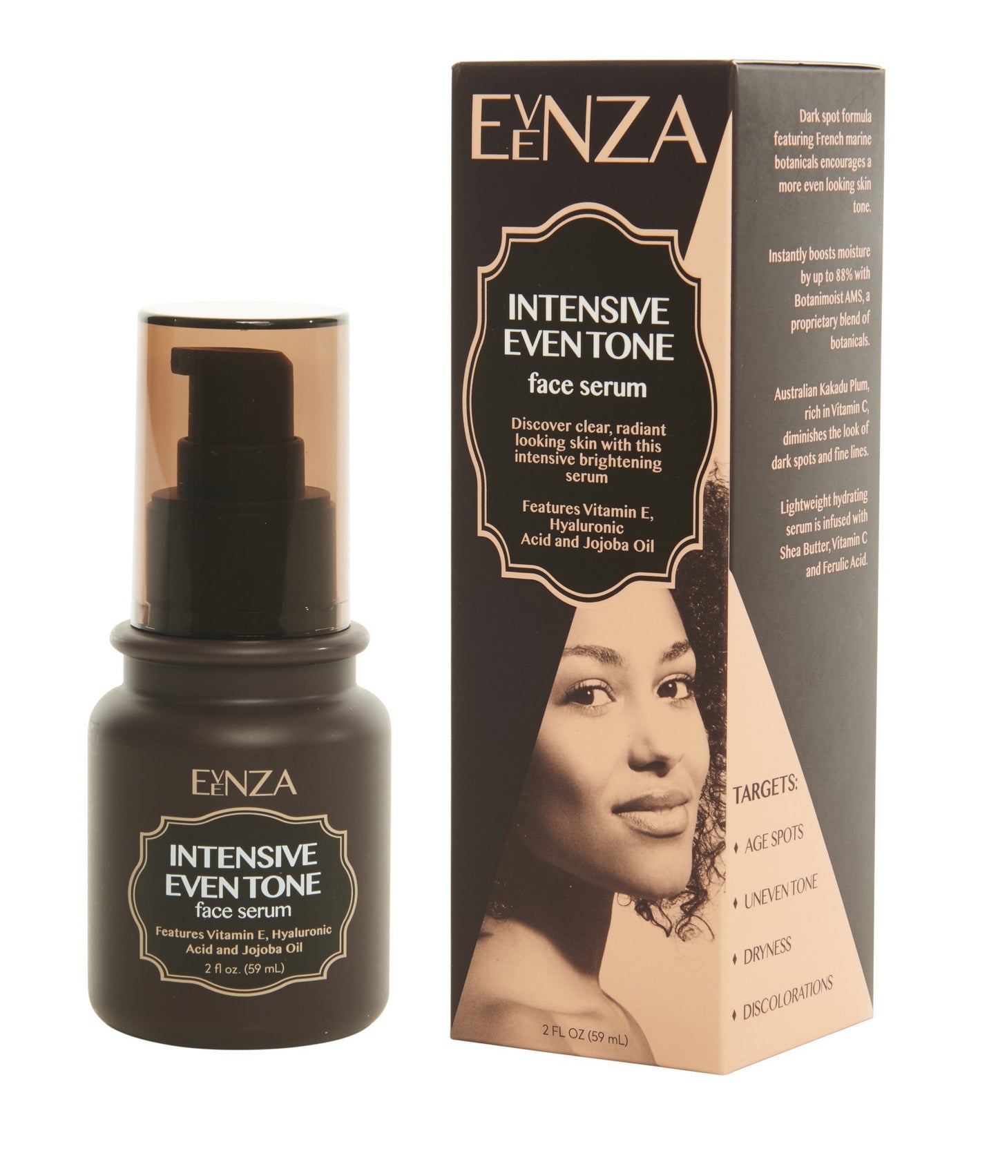 Evenza Intensive Age Spot Serum for Even Tone Skin with Hyaluronic Acid, Vitamin E, and Jojoba Oil. 2oz bottle.