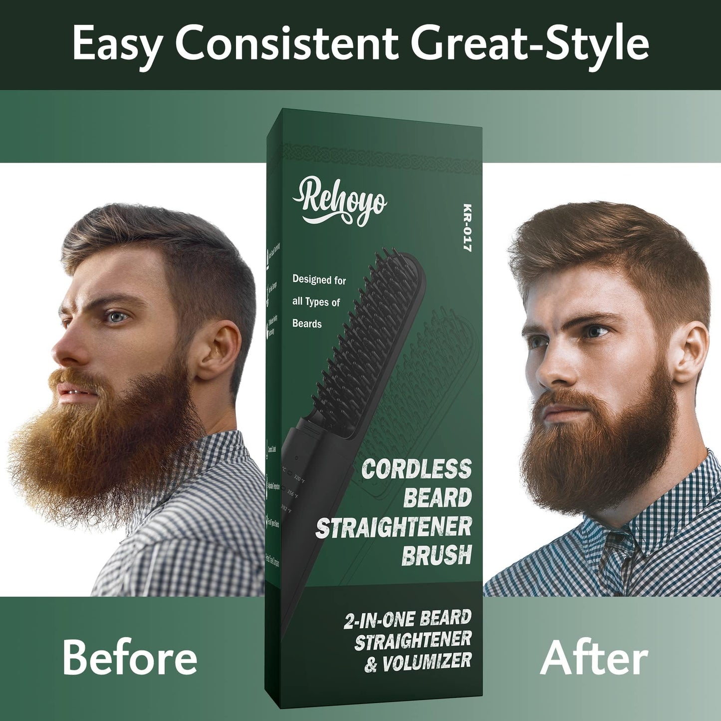 Beard Straightener for Men, Portable Cordless Heated Hair & Beard Straightening Brush with Anti-Scald & Ionic Technology, 3 Temperature Setting Comb