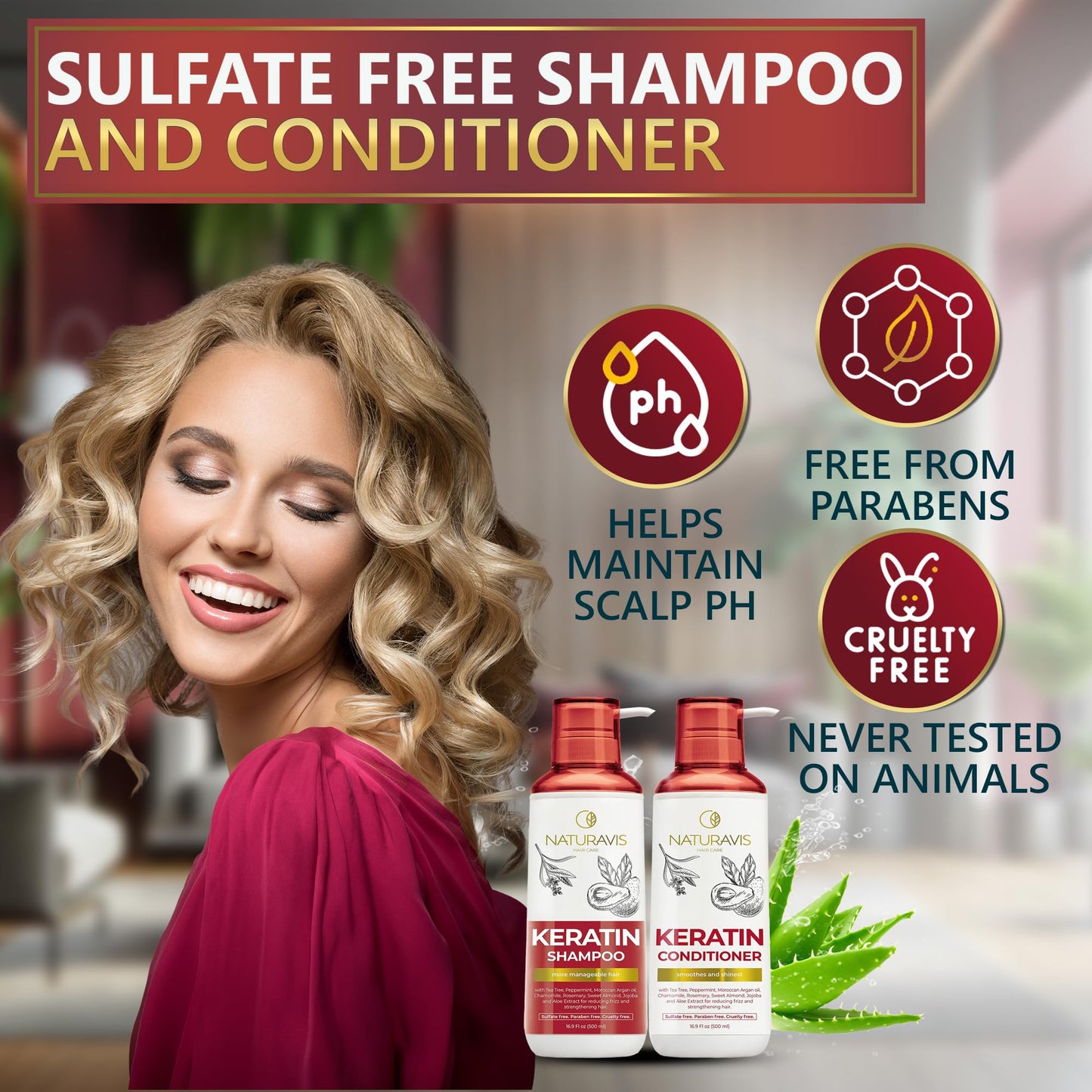 NATURAVIS Keratin Shampoo and Conditioner Set - Sulfate Free, All Hair Types - Women and Men - 16.9 Fl Oz (Pack of 2)