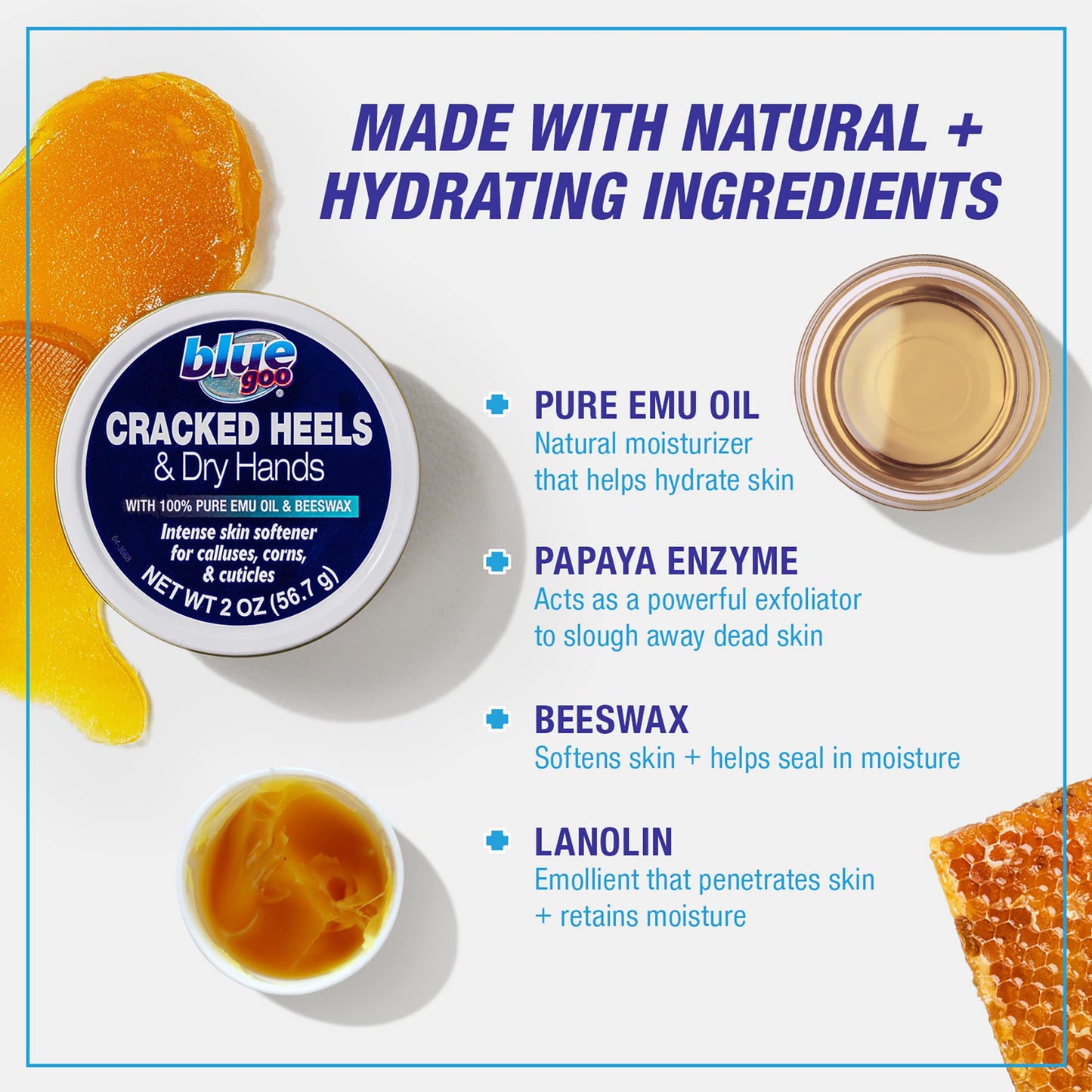 Blue Goo CRACKED HEELS & DRY HANDS Skin Softener for Dry Feet, Hands, Hydrating and Smoothing, Moisturizer, Dryness Relief, 2 Ounce, made with 100%