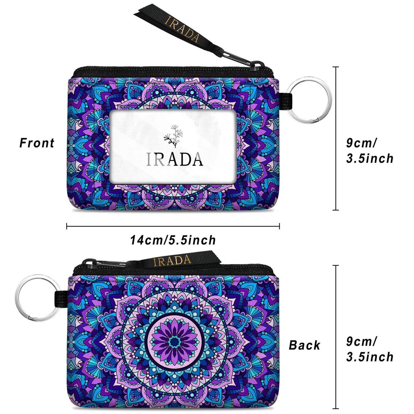 Irada Id Case Wallet Keychain With Clear Window Zipper Cute Coin Purse For Women Water Resistant Small Pouch-Purple Mandala Flower