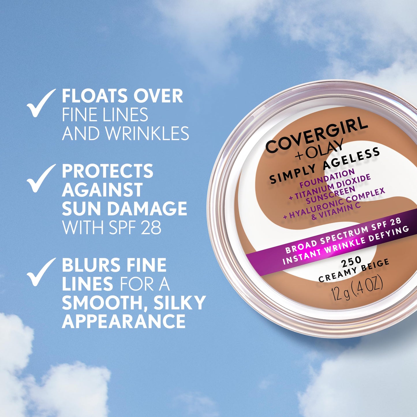 COVERGIRL Simply Ageless Instant Wrinkle Defying Foundation, SPF 28, Hyaluronic Complex & Vitamin C - 260 Classic Tan, Pack of 1