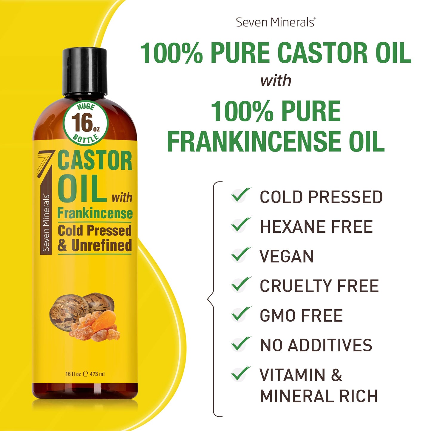 Seven Minerals Cold Pressed Castor Oil with Frankincense - 16 fl oz Bottle - Unrefined & Hexane Free - Hair Growth, Thicker Eyelashes & Eyebrows, Dry Beauty and Personal Care Seven Minerals