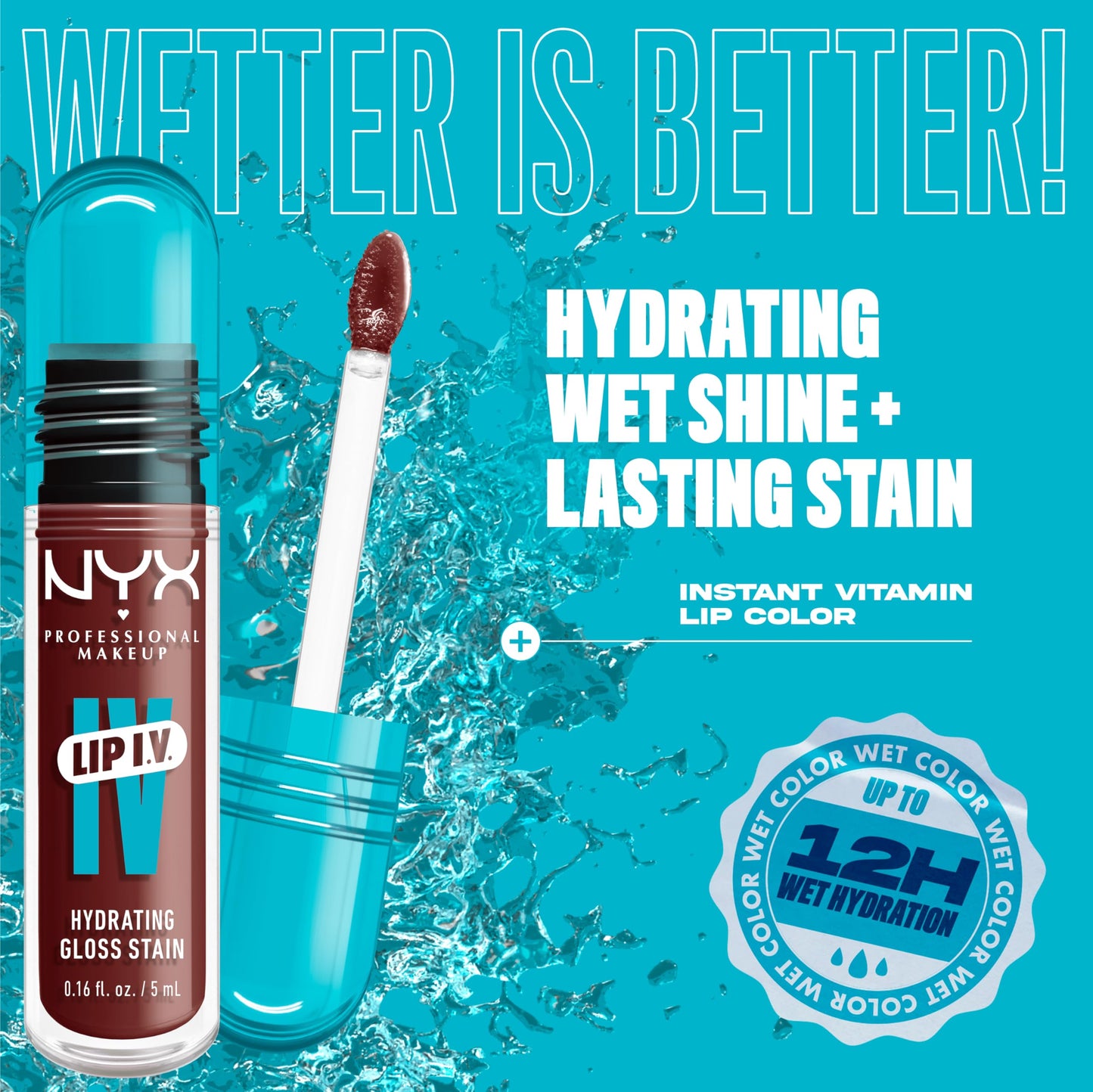 NYX PROFESSIONAL MAKEUP Lip IV Hydrating Glossy Lip Stain, Long-Lasting, Tinted, Vegan Formula with 12 HR Hydration - Mocha Me Wet (Brown)