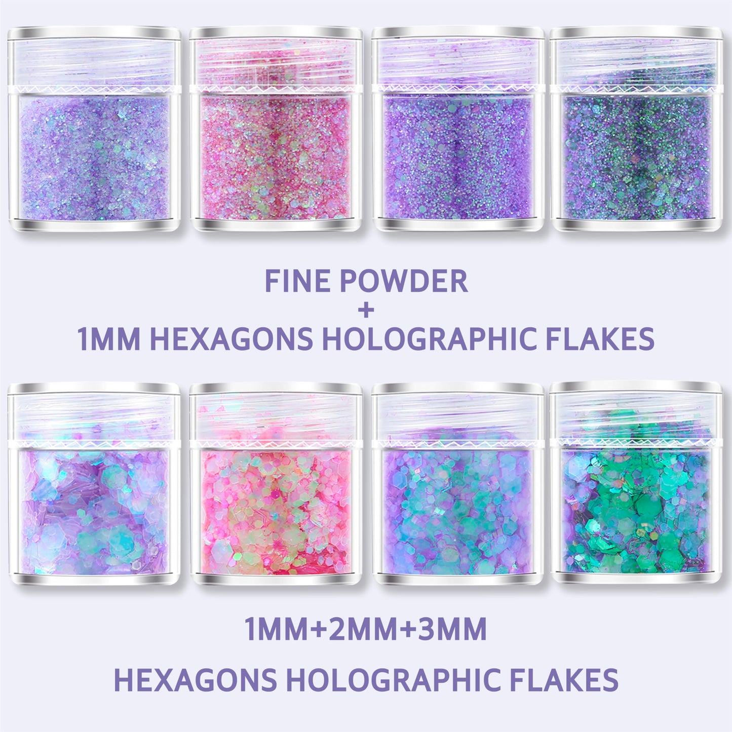 GABOX 8-Jar Mermaid Purple Glitter Set, Holographic Fine Powder & 1mm & 2mm & 3mm Sequins Flakes Set for Cosmetic - Nail - Resin, Iridescent Art