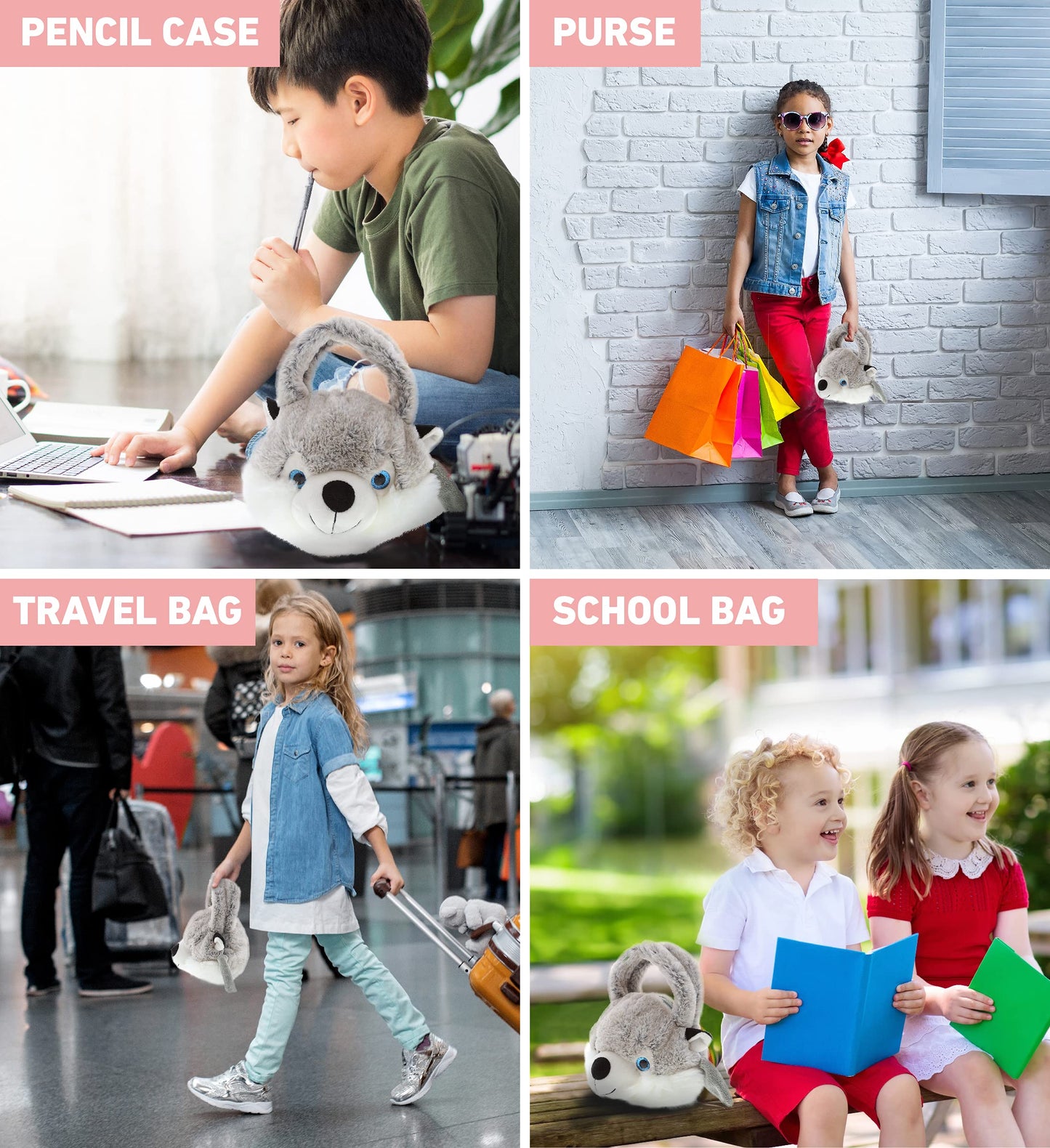 DolliBu Husky Plush Handbag - Super Soft Plush Stuffed Animal Purse for Children's Accessories, Kids Hand Bag Toy Purse, Pretend Play, Fluffy Dress…