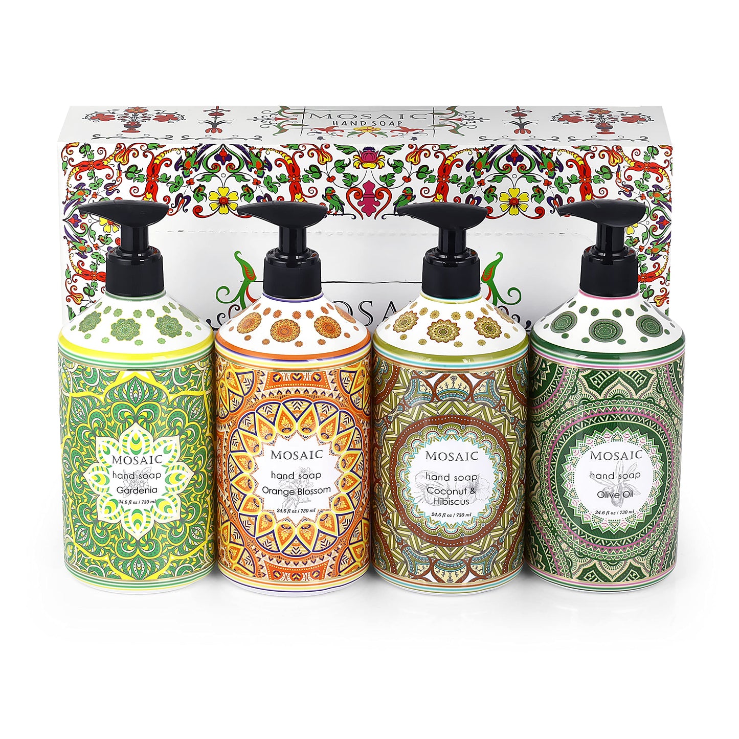 Mosaic Liquid Hand Soap / Wash Gift Set, Ideal Bathroom Kitchen Hand Soap Set , Olive Oil + Coconut & Hibiscus + Gardenia + Orange Blossom, 4 x 24.6