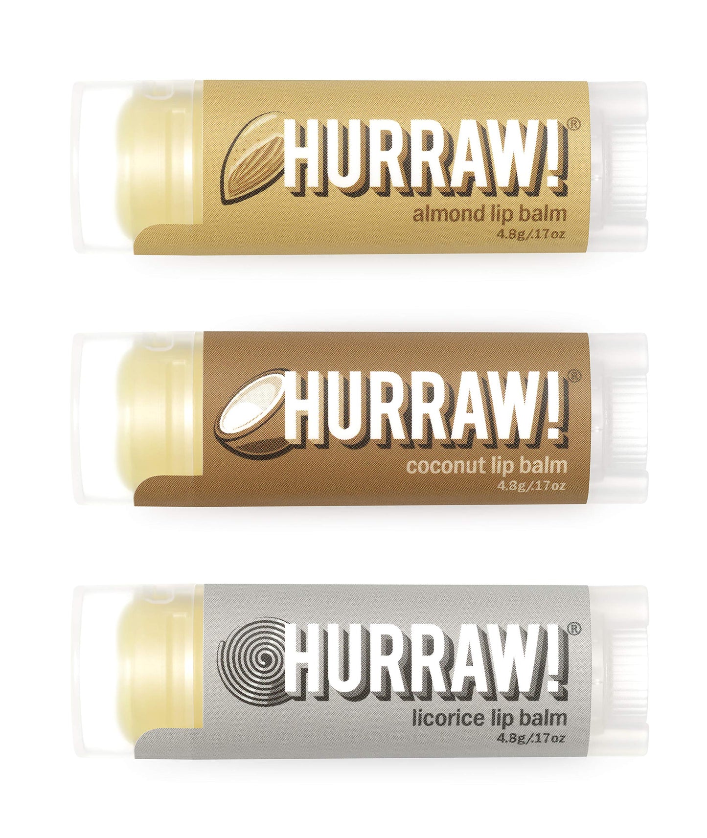 Hurraw! Almond, Coconut, Licorice Lip Balms, 3 Pack Bundle: Organic, Certified Vegan, Cruelty and Gluten Free. Non-GMO, 100% Natural. Bee, Shea, Soy