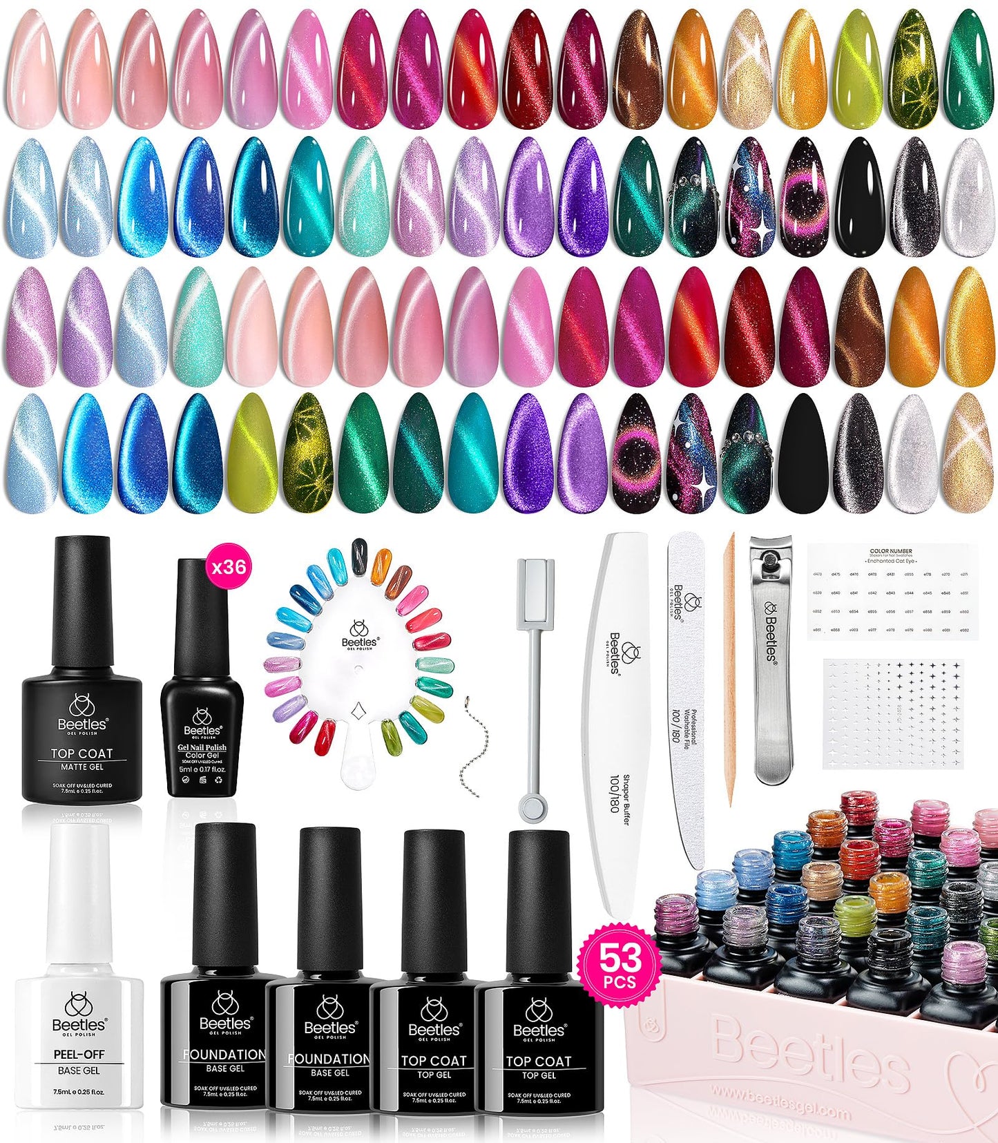 Beetles Cat Eye Gel Nail Polish Set - 36 Colors Red Purple Brown Green Burgundy Magnetic Gel Polish Kit Base Glossy Matte Top Coat Soak Off UV DIY Beauty and Personal Care beetles Gel Polish Default Title