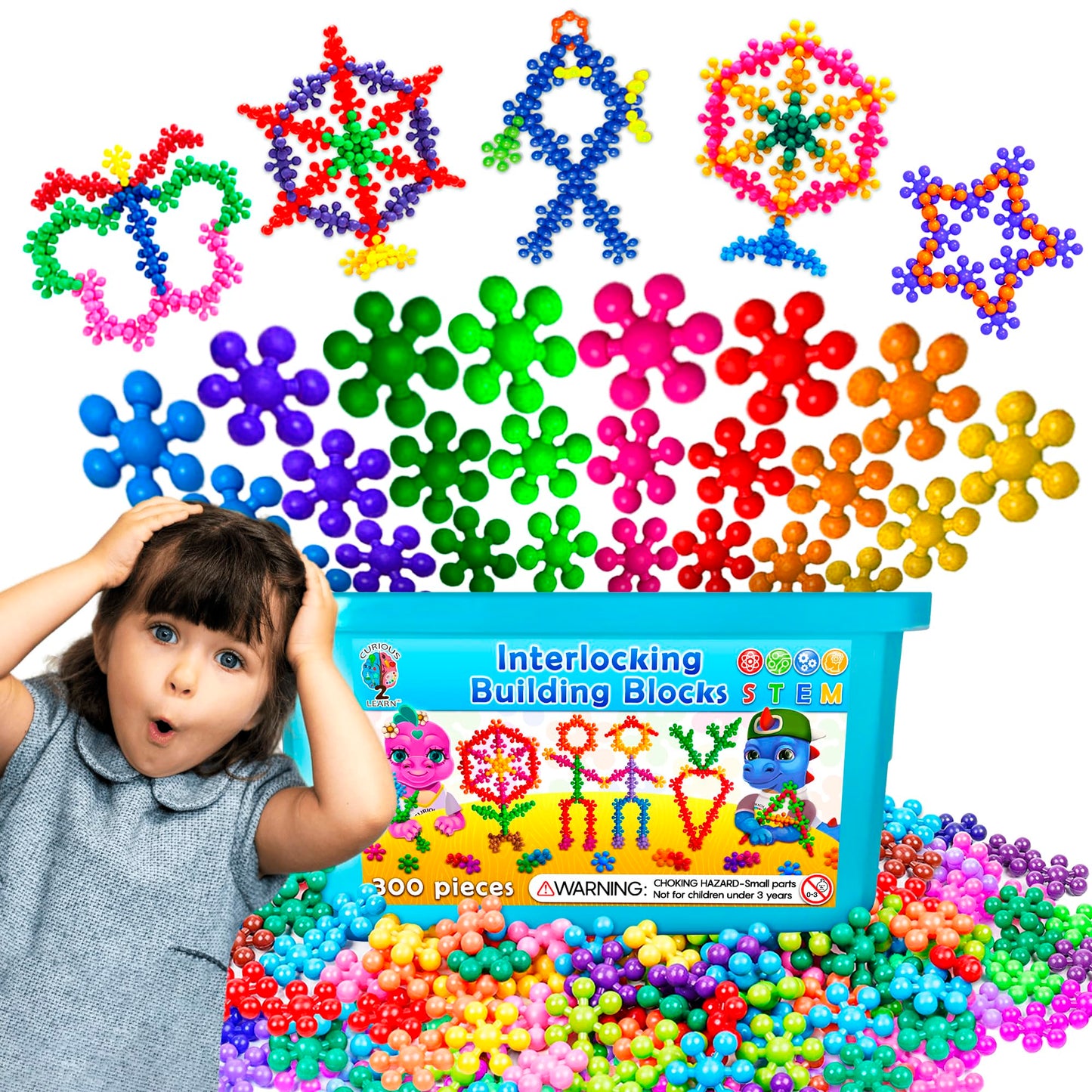 Curious 2 Learn 300 pcs Building Blocks Set - STEM Educational Toys for Kids Ages 3+ - Interlocking Discs for Preschool Boys & Girls, Creativity Play