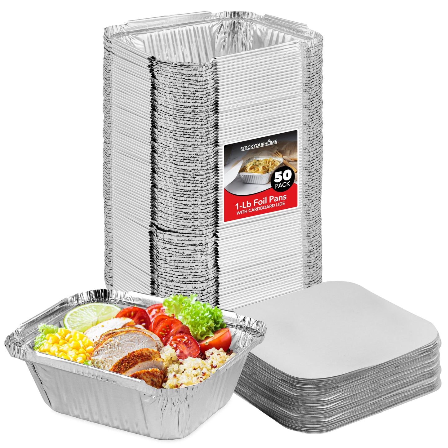 Small Aluminum Pans Take Out Containers (50 Pack) 50 Foil Oblong Pans and 50 Cardboard Lids - 1 Lb Tin Pans - Disposable Food Storage Containers…