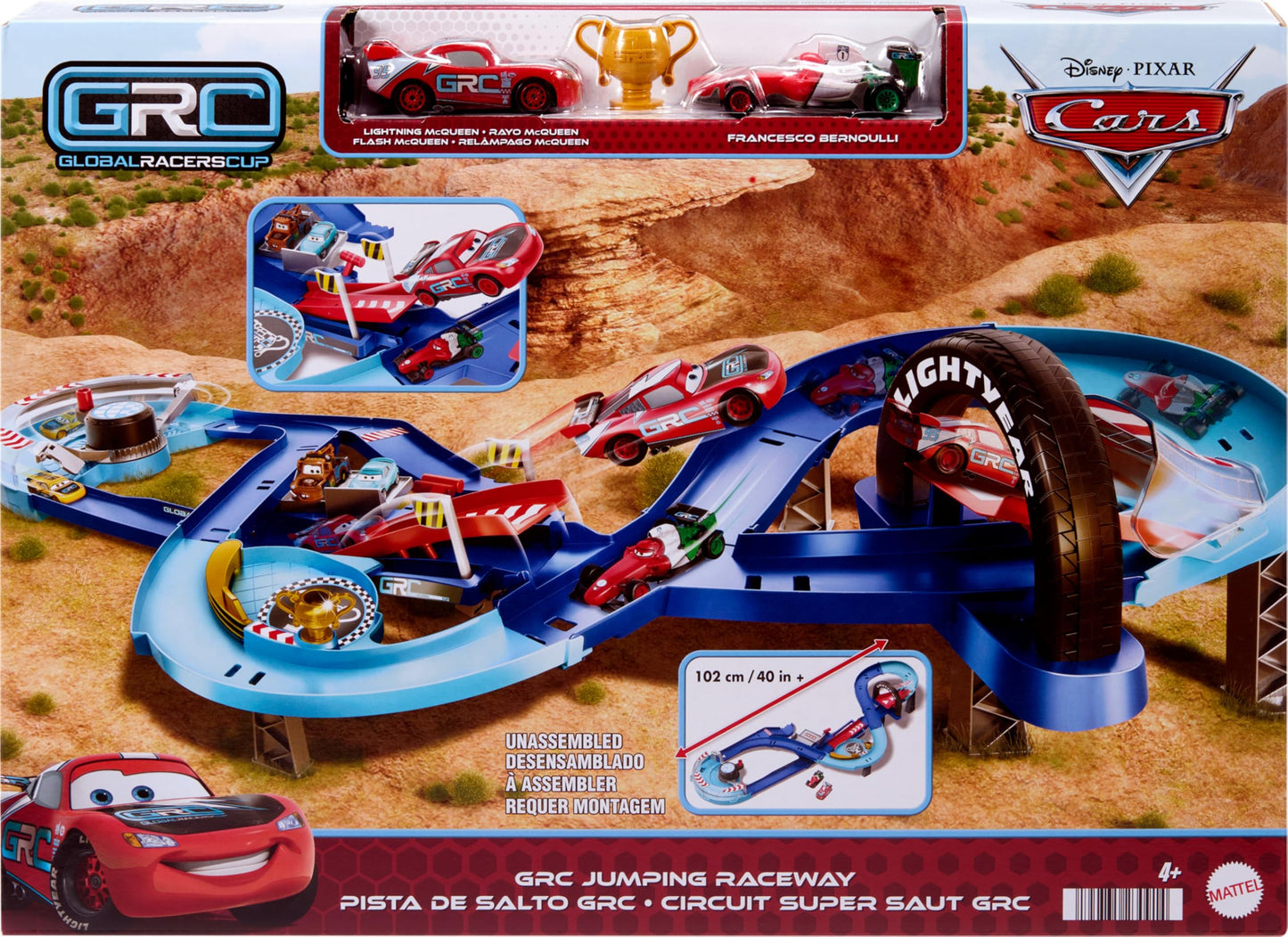 Mattel Disney and Pixar Cars Playset with 2 Toy Cars, Lightning McQueen & Francesco Bernoulli, GRC Jumping Raceway Track Set with Booster