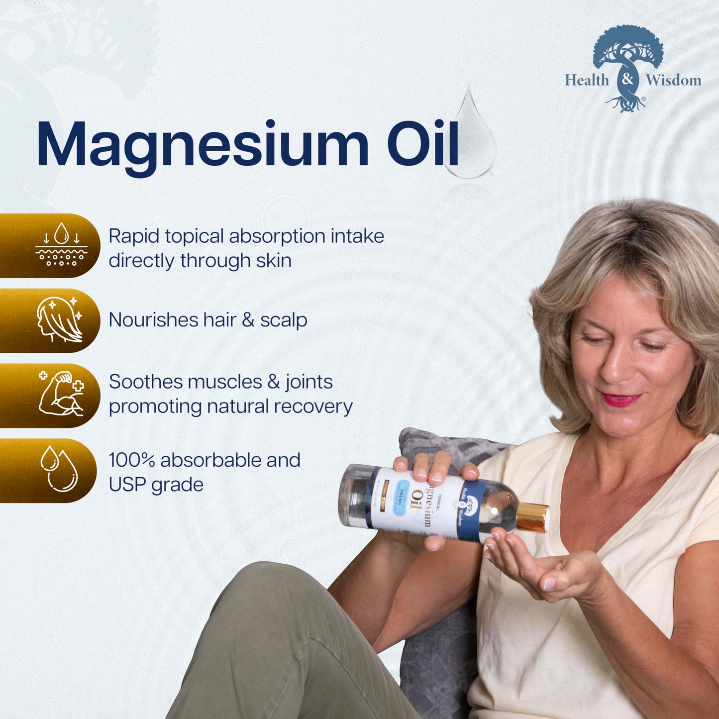 Health & Wisdom Pure Magnesium Oil - Topical Muscle & Joint Relief- Natural and Pure USP Grade Extra Strength Magnesium - Enhanced Absorption - Spray