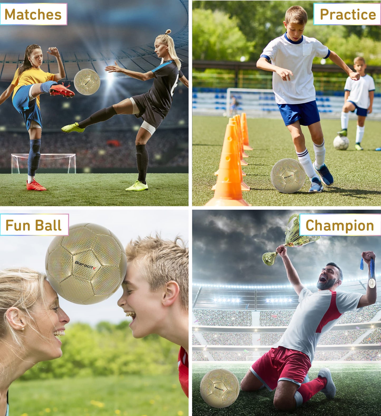 Barocity Classic Gold Size 4 Soccer Ball - Premium Outdoor and Indoor Ball with Reflective Iridescent Rainbow Hex Pattern, Perfect for Boys and Girls…