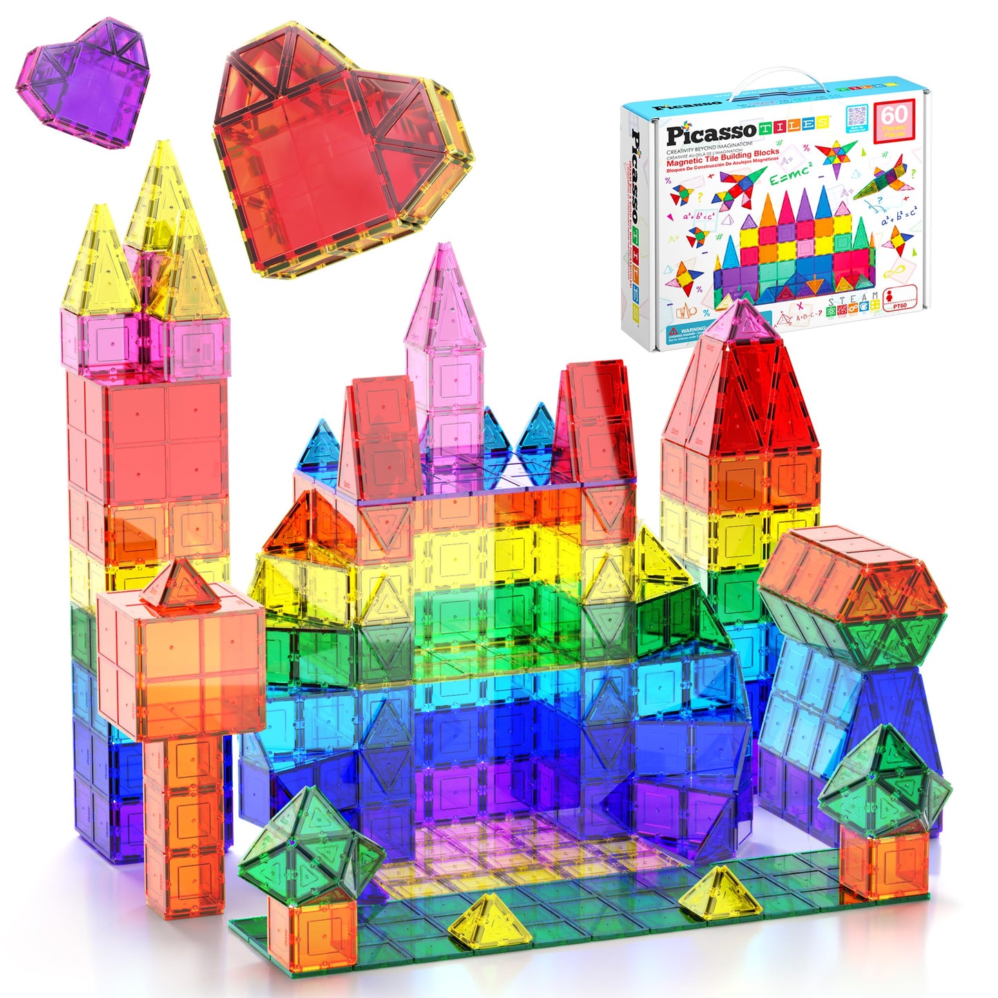 PicassoTiles 60pcs Magnetic Building Tiles – Clear 3D Magnet Blocks Construction Playset for Kids, Educational & Creative Toy Set