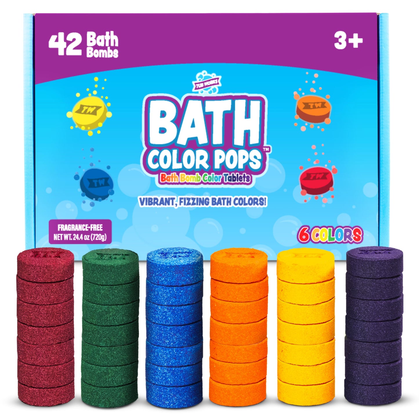 Tub Works® Bath Color Pops™ Moisturizing Kids Bath Bombs, 42 Count | Bath Bomb Refills for Bath Color Brush | Nontoxic & Fragrance-Free | 6 Unique Beauty and Personal Care Tub Works