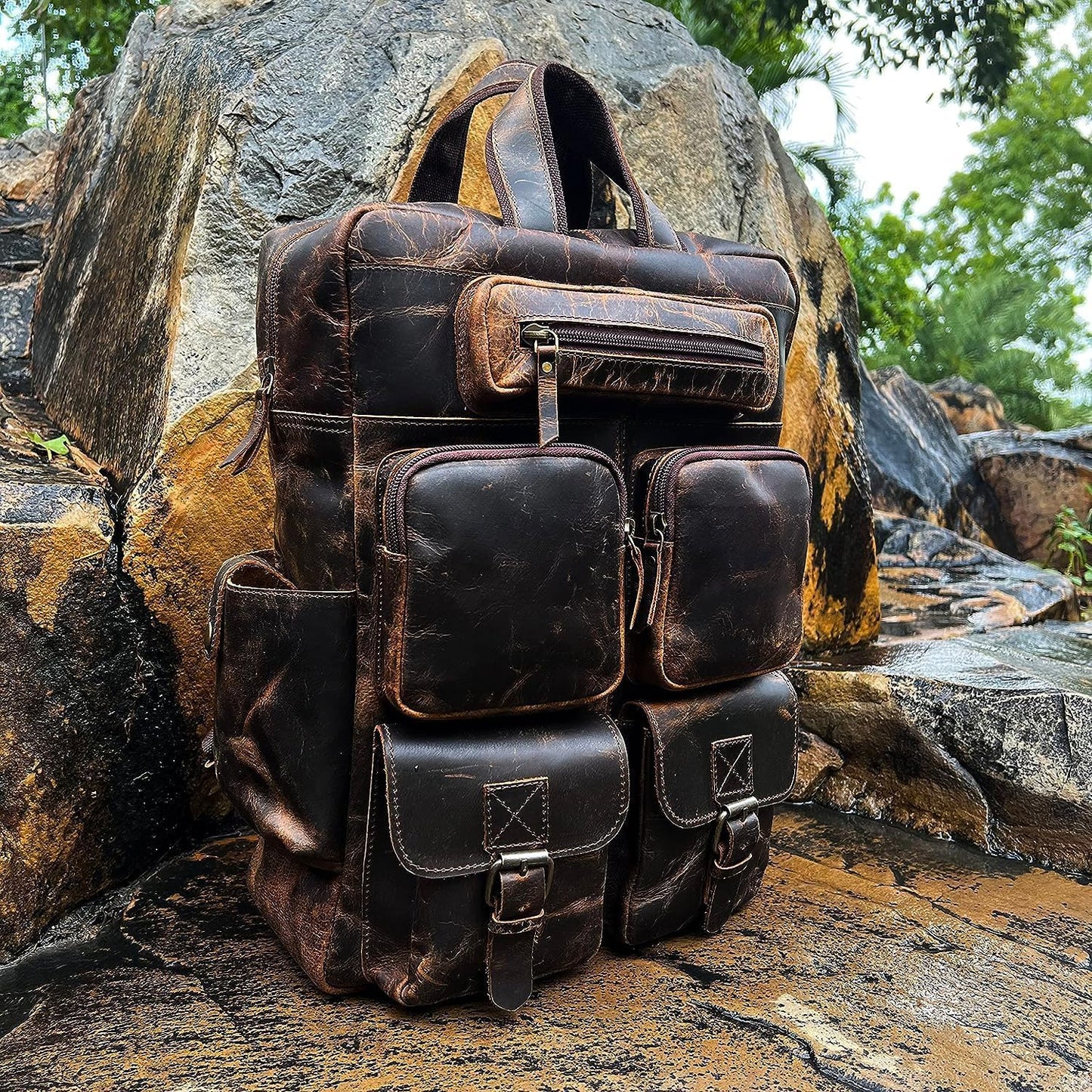 Buffalo Leather Backpack Multi Pockets Daypack Travel Laptop Bag for Men Women